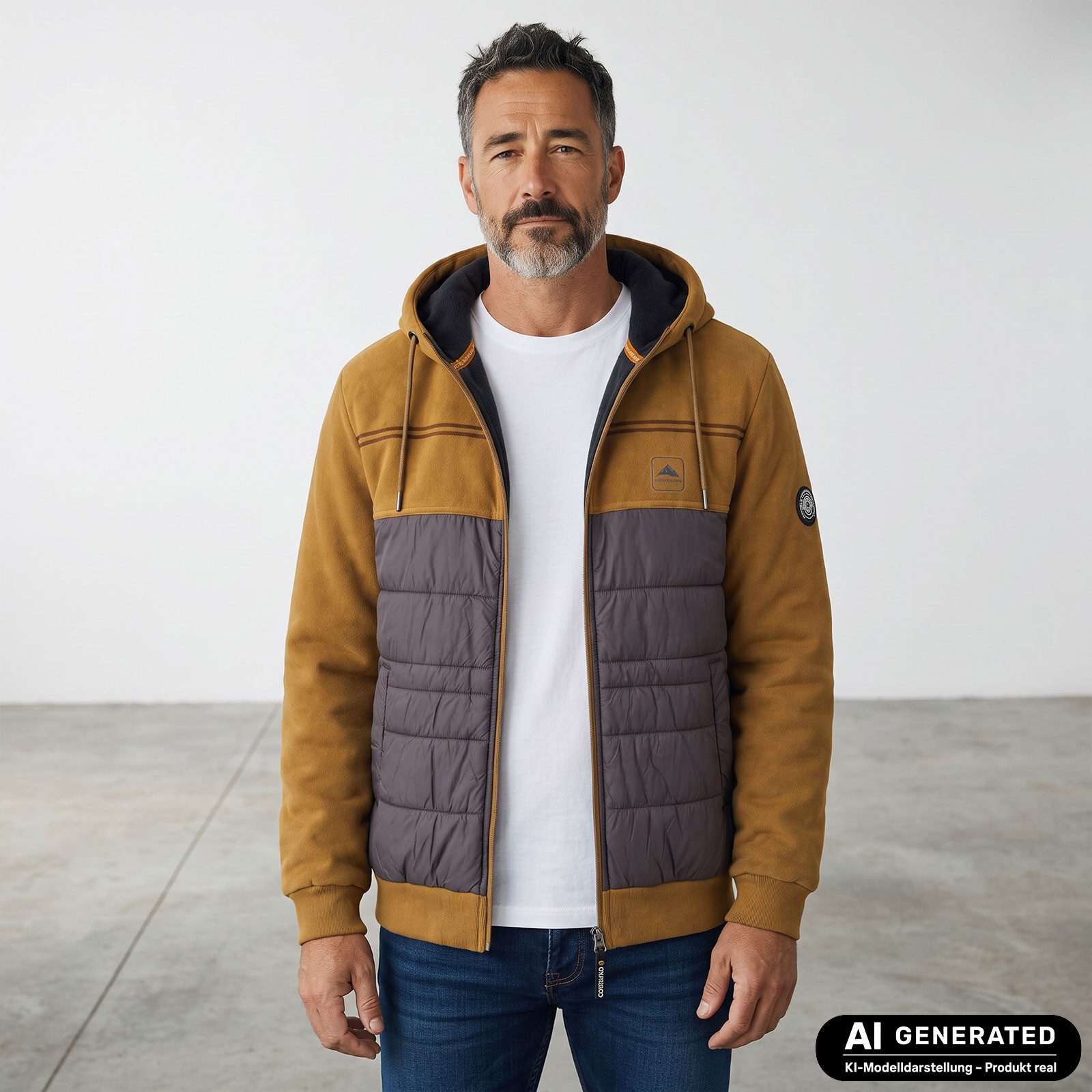 Coastguard Fleecejacke Herren Fleecejacke 62616 im Materialmix - Samtige Kapuzenjacke Fleece Kapuze mit zweifarbiger Kordel, Innenseite in Kontrastfarbe, Tasche – Bild 3 von 5
