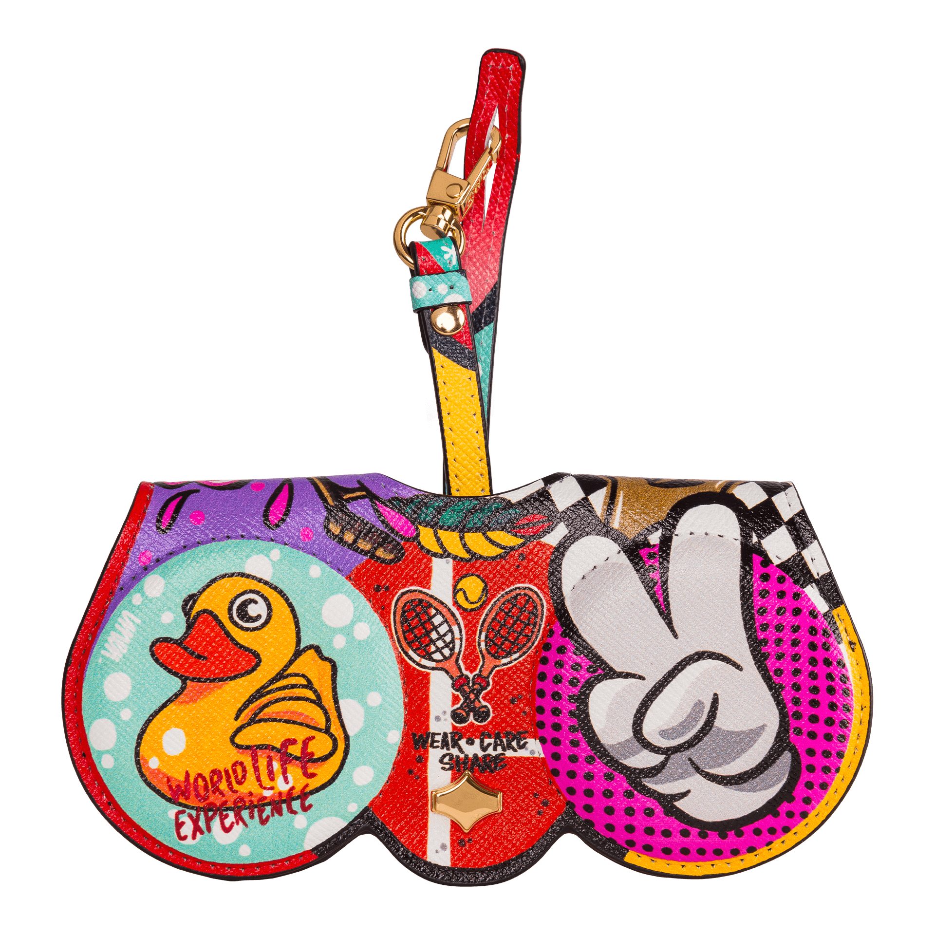 ANY DI Brillenetui ANY DI MUNICH Brillenetui SunCover PopArt aus Leder, mehrfarbig, Band mit Karabiner, 24 Karat Vergoldung
