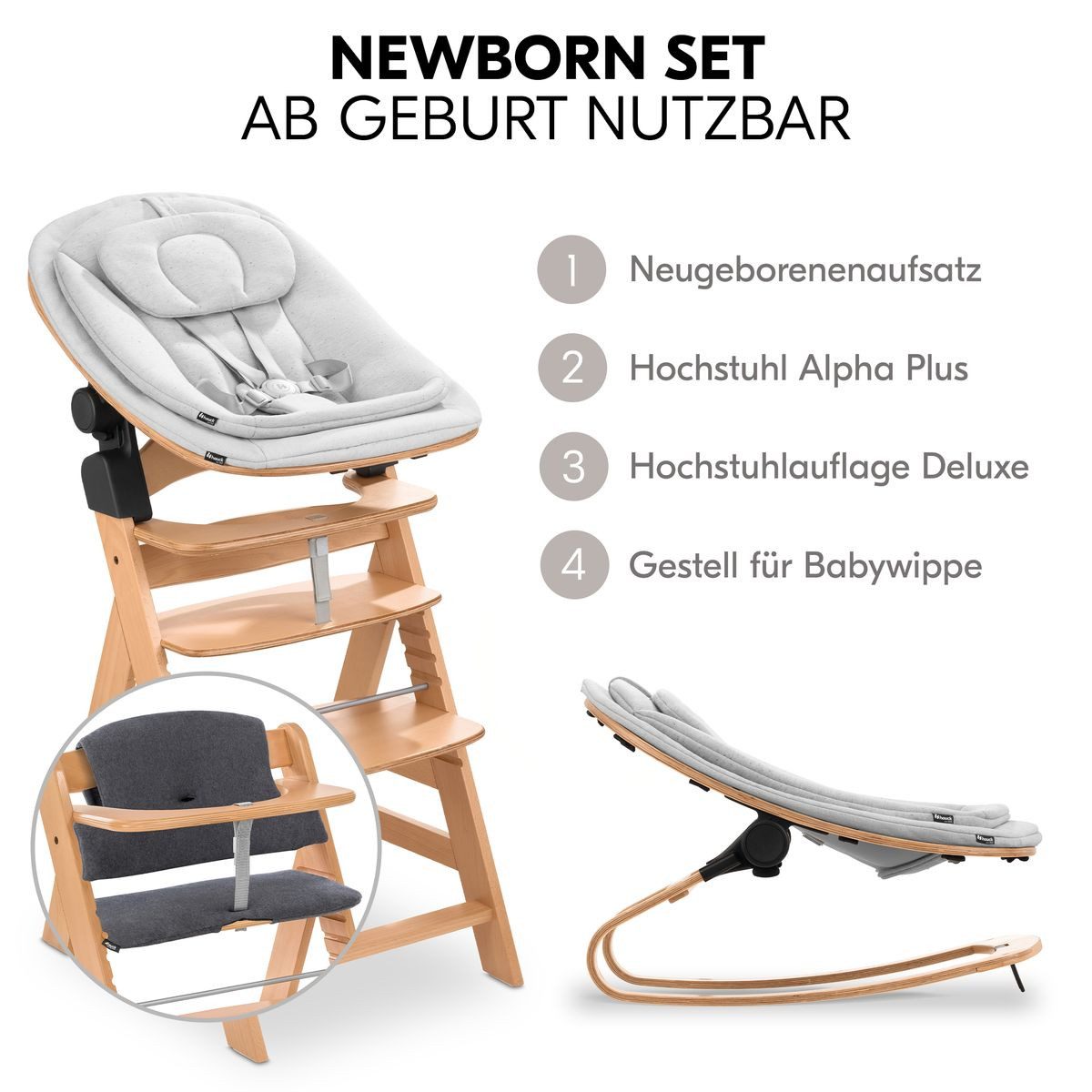 Hauck Hochstuhl Alpha Plus Natur Newborn Set Eco - Light Grey (Set), Holz Babyhochstuhl ab Geburt inkl. Neugeborenenaufsatz & Sitzauflage