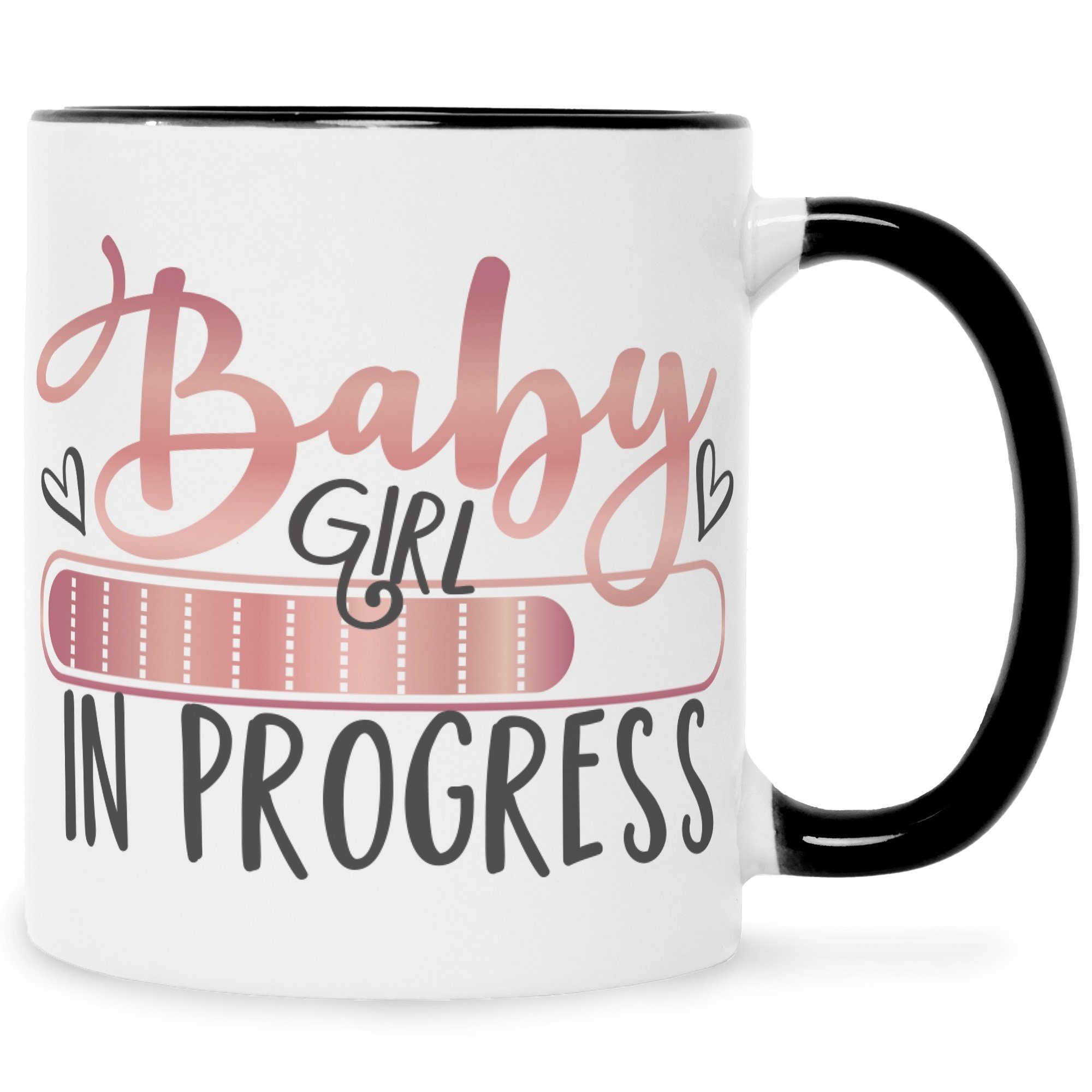 GRAVURZEILE Tasse Bedruckte Tasse mit Spruch - Baby in Progress, Keramik, Witziges Design zur Schwangerschaftsankündigung Girl Schwarz Weiß | Teetassen