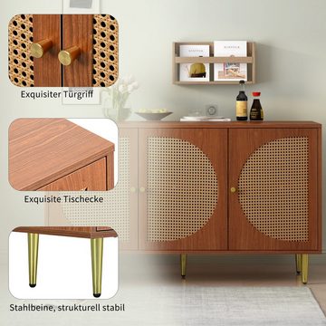 Odikalo Schuhschrank Sideboard Kommode Highboard Schrank Metallgriff Rattan Tür Weiß/Braun