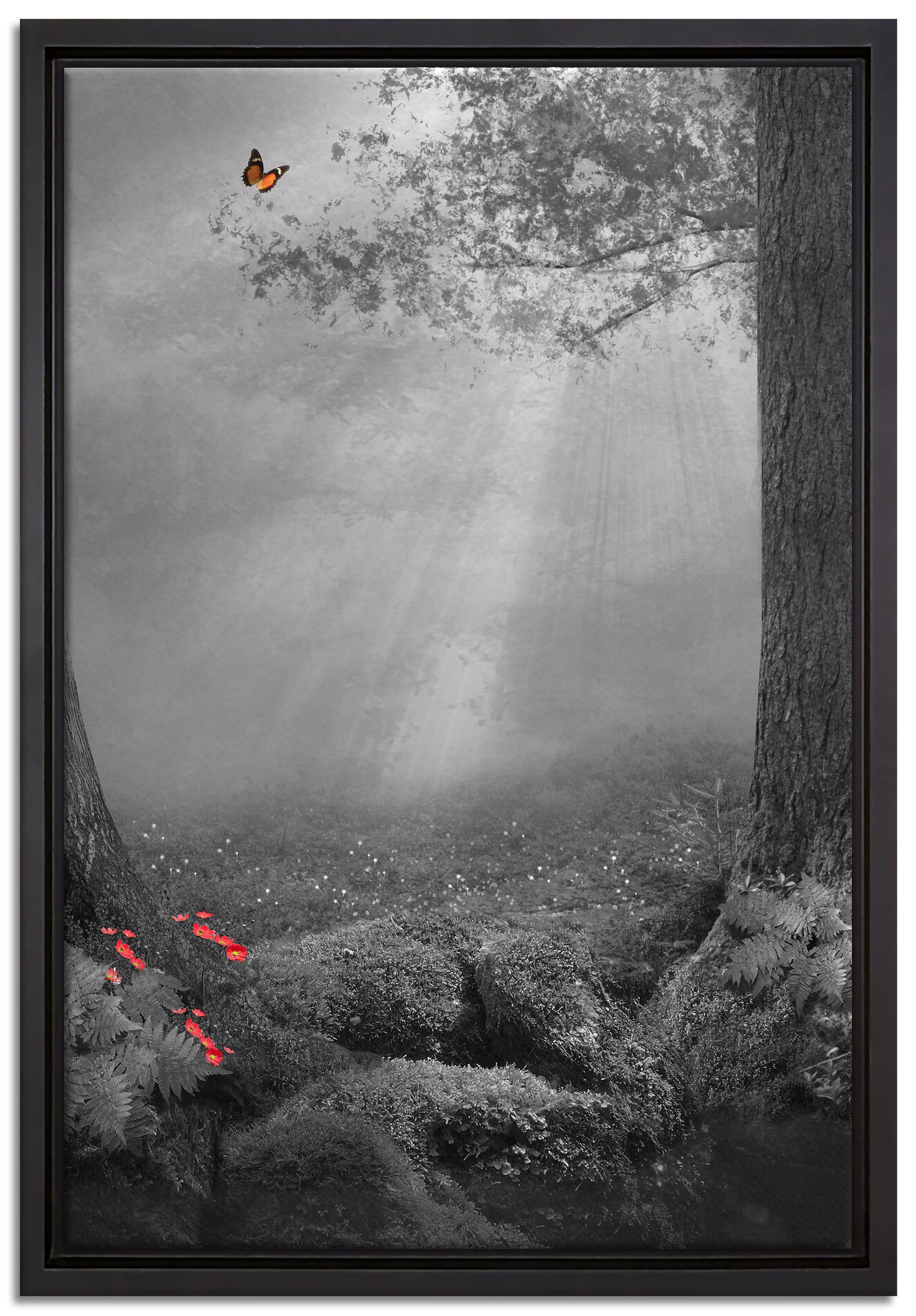 Pixxprint Leinwandbild Märchenwald mit Schmetterling, Wanddekoration (1 St), Leinwandbild fertig bespannt, in einem Schattenfugen-Bilderrahmen gefasst, inkl. Zackenaufhänger