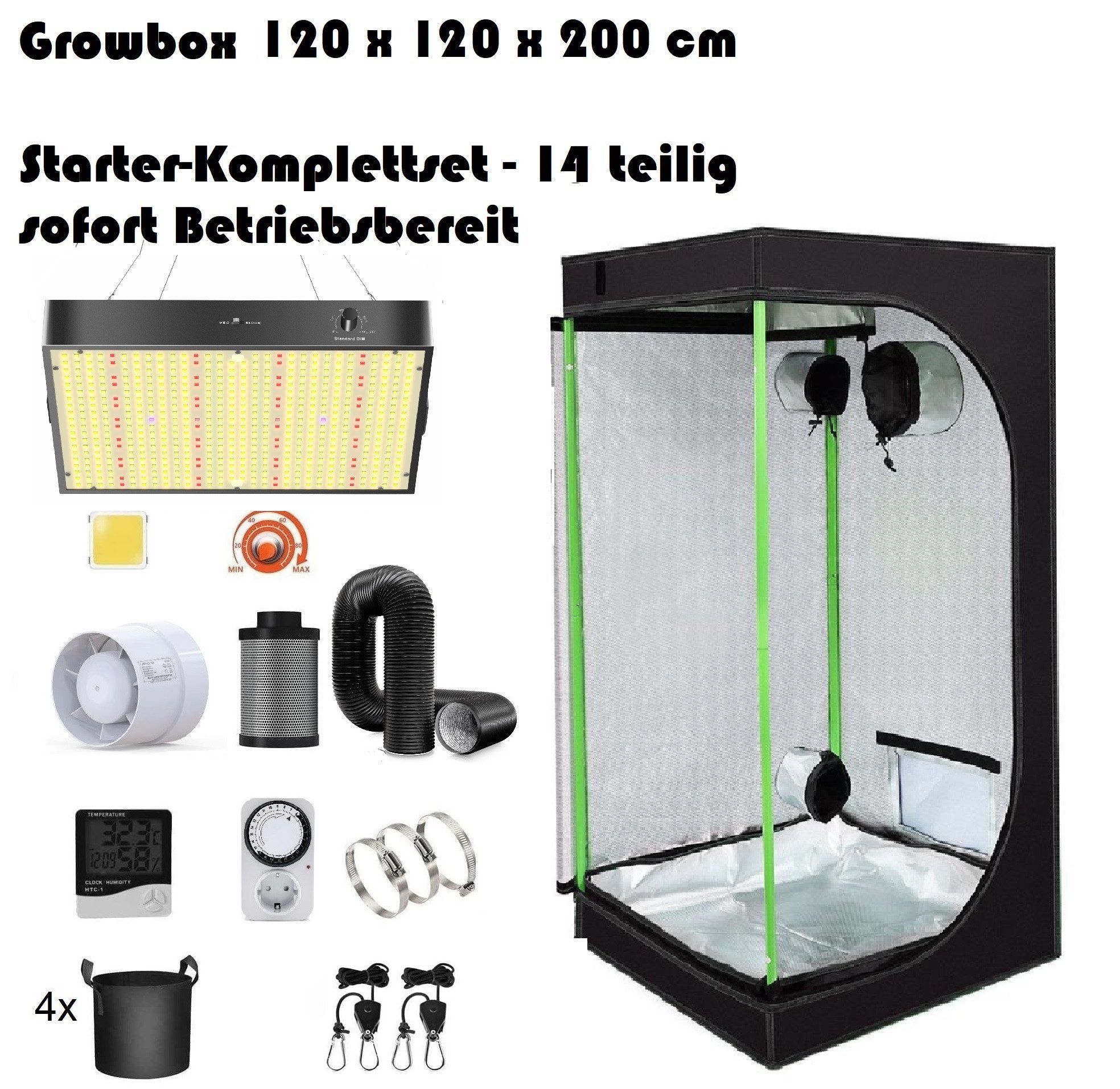 JUNG Gewächshaus Growbox Komplettset Anzuchtset mit Zuchtzelt LED Lampe, Anbau Pflanzen, BxTxH: 120 x 120 x 200,00 cm, Growbox, Gewächshaus Komplett Set mit Abluft Cannabis Set Box Pflanze, Growzelt, Grow Box Zelt, Pflanzenlampe Pflanzen Anbau Zelt, Anzuchtset, mit Belüftung Gewächszelt Starterpaket sofort einsatzbereit Anzucht