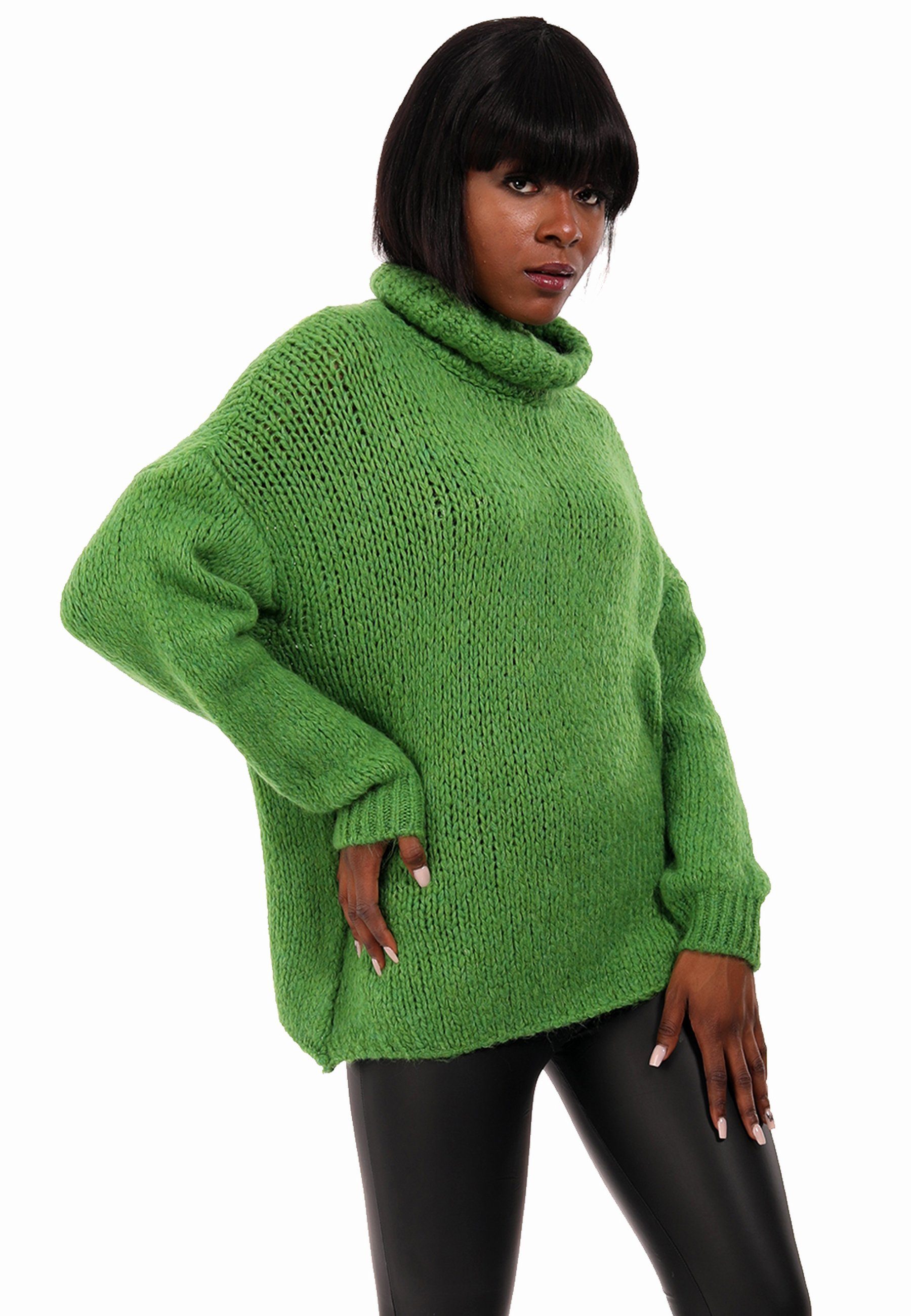 Qualität in YC Style Pullover mit Fashion Strickpullover Unifarbe grün Rollkragen & Kuschelweiche (1-tlg)
