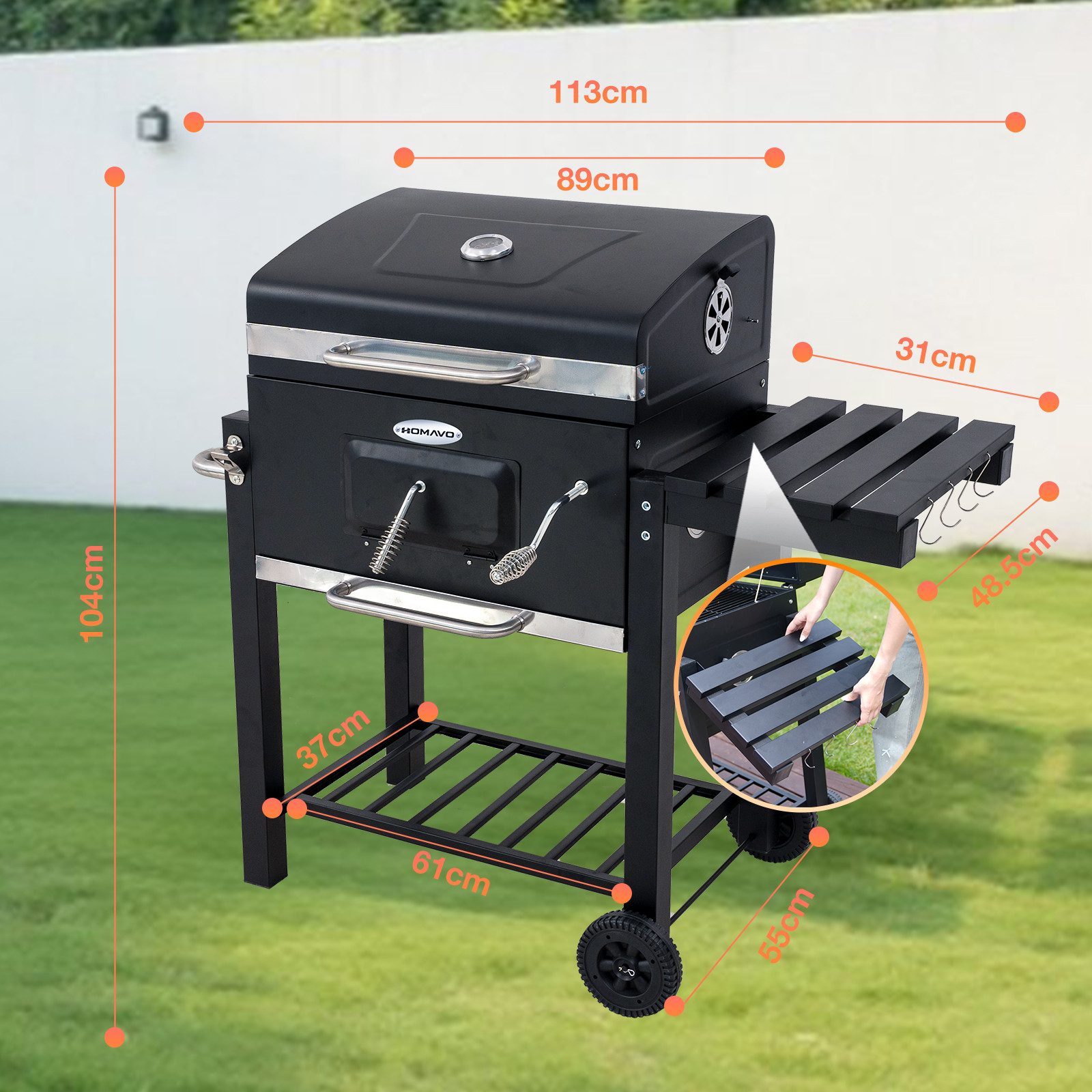 HOMAVO Holzkohlegrill mit Deckel & Grillabdeckungen Wasserfest, Grillfläche: 56 × 42.5 cm, Höhenverstellbare Kohlenwanne, Faltbarer Seitentisch, Thermometer – Bild 5 von 5