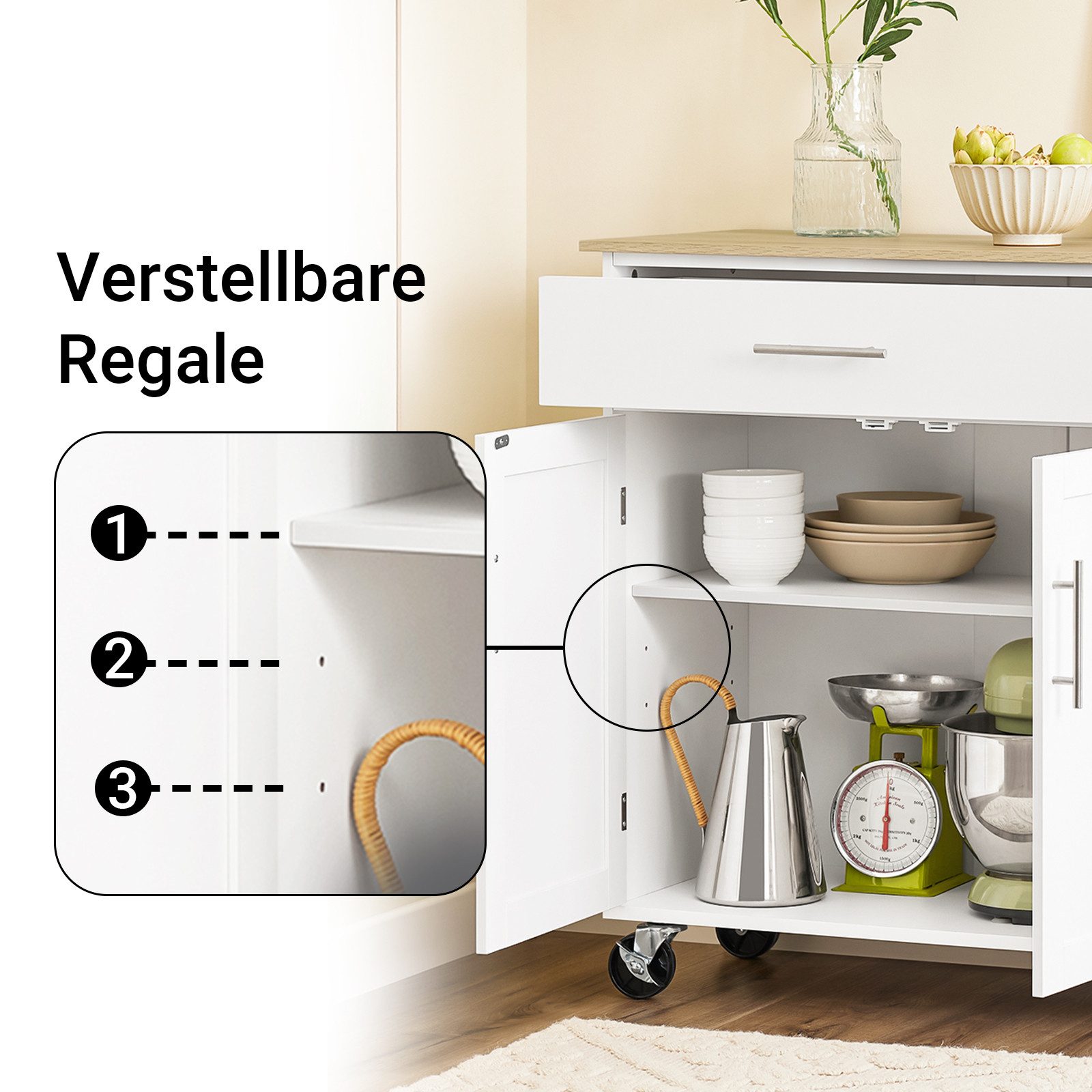 SoBuy Küchenwagen FKW108, Kücheninsel mit Arbeitsplatte, Sideboard freistehend, mit Arbeitsplatte, Servierwagen auf Rollen, Küchenschrank Esszimmer – Bild 3 von 5