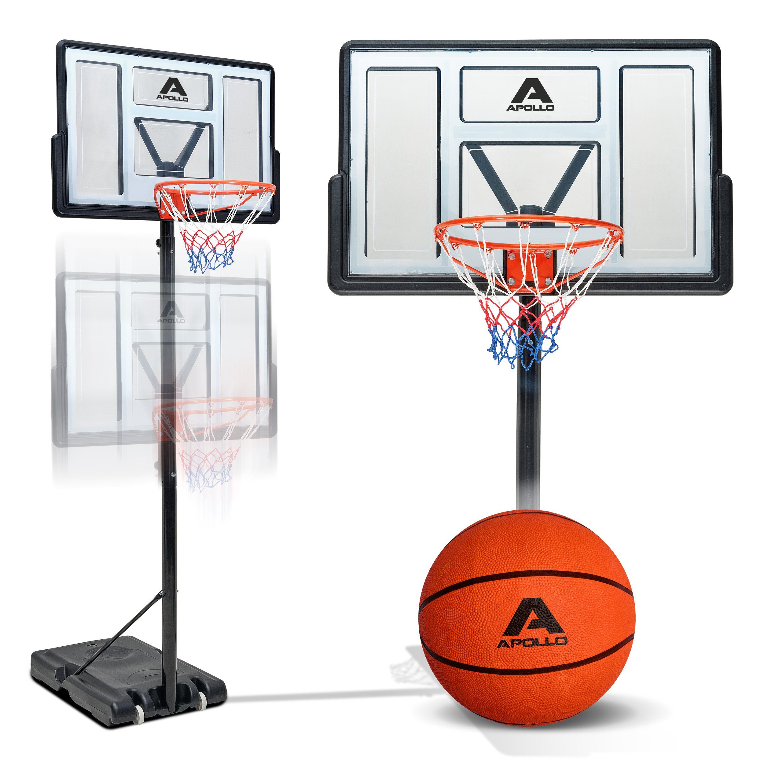 Apollo Basketballständer Basketballkorb Outdoor 230 Schwarz/Weiß Ball, und cm Ständer Korbanlage, Korb inkl. Rollen, Set Höhenverstellbar cm mit bis 305