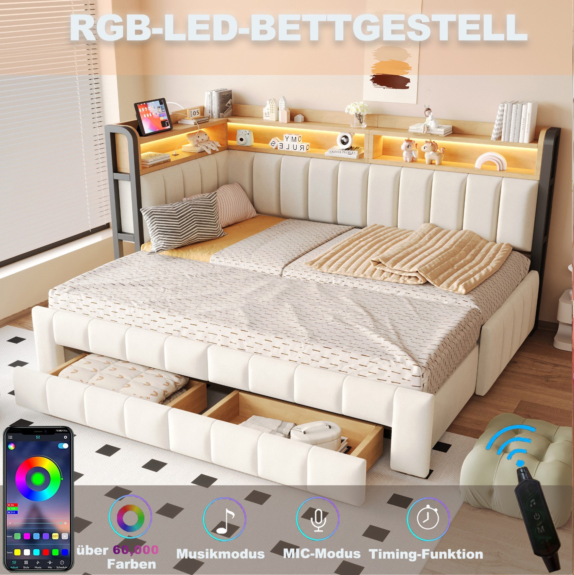 MODFU Schlafsofa Funktionsbett mit Bettvergrößerung, integrierten Schubladen und Stauraum, 90/180 × 200 cm Polsterbett mit USB-C-Anschluss und LED-Beleuchtung, Daybett, ohne Matratze
