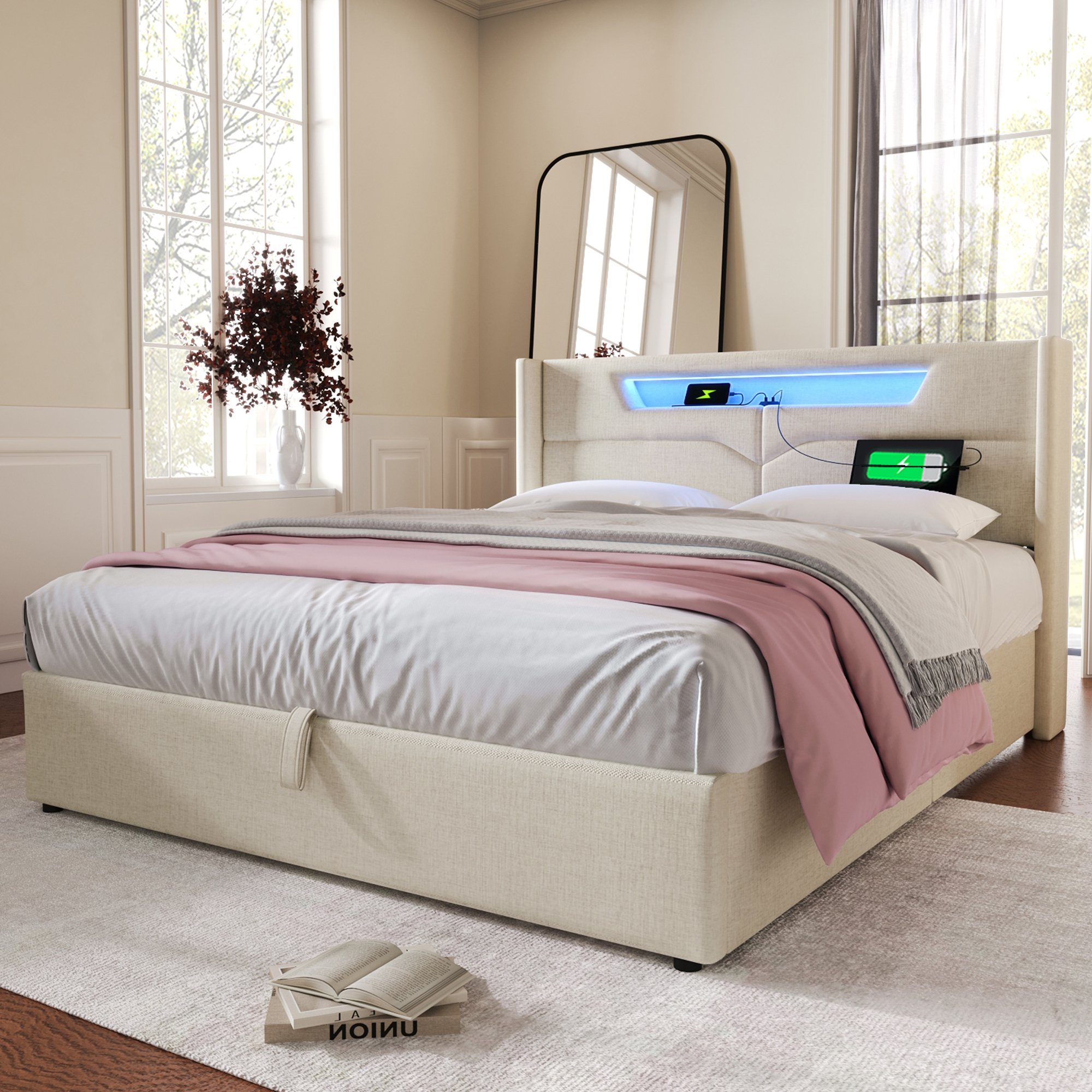 OKWISH Polsterbett LED Doppelbett mit USB günstig online kaufen