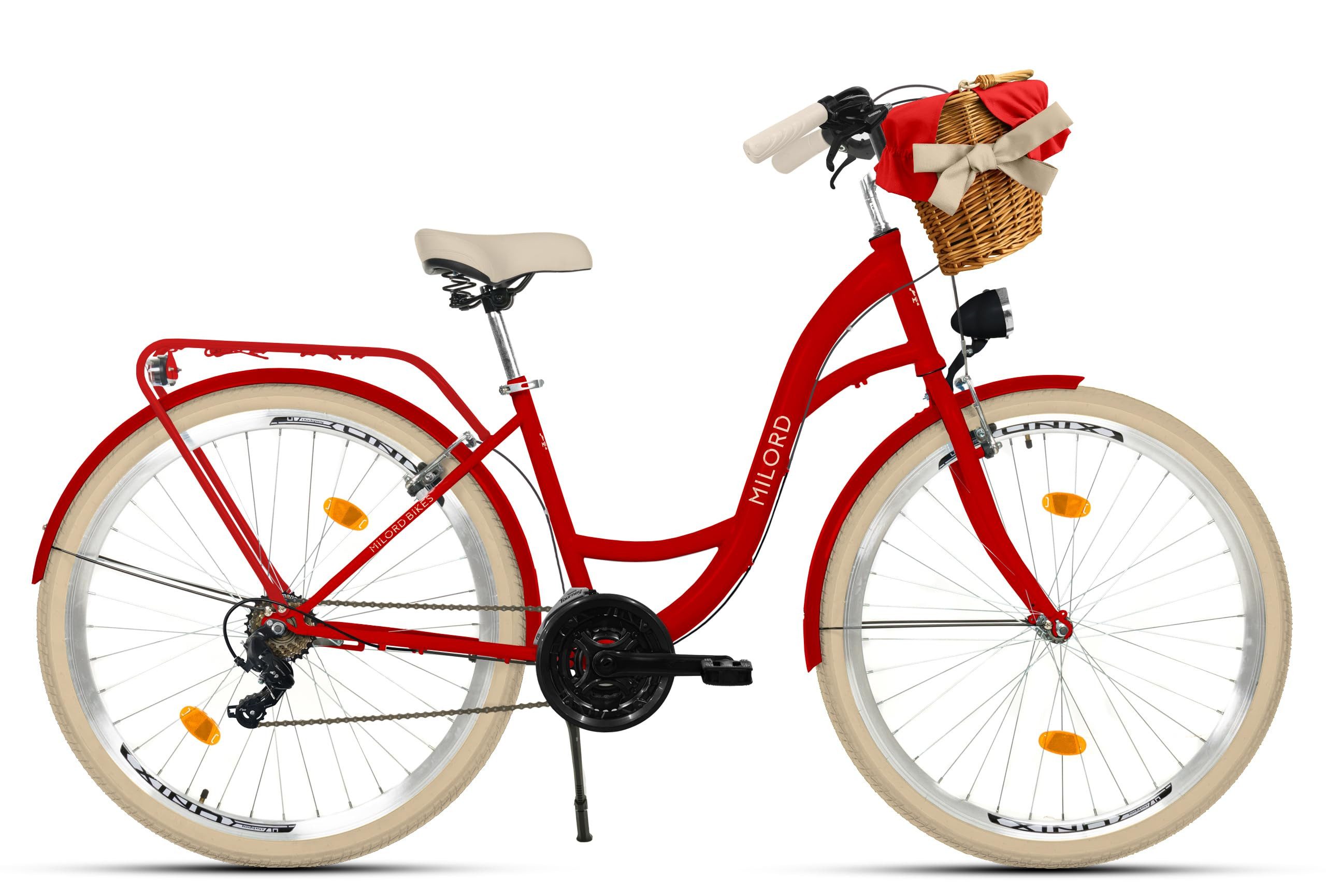 Milord Cityrad Damenfahrrad Citybike Mit Weidenkorb Fahrrad, 26/28 Zoll, 21-Gang, 21 Gang, (Fahrradständer, Gepäckträger, Klingel, Korb, Kotflügel)