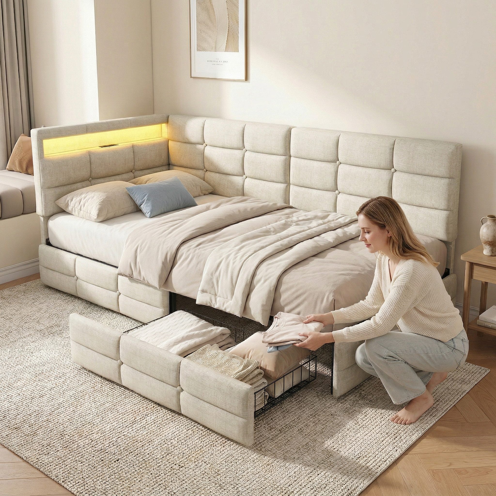 Gdood Polsterbett Daybett Jugendbett Tagesbett (1-tlg., 2 Schubladen, Geeignet für Jungen und Mädchen), Mit LED-Beleuchtung, Ladefunktion, Leinen, 90x200 cm