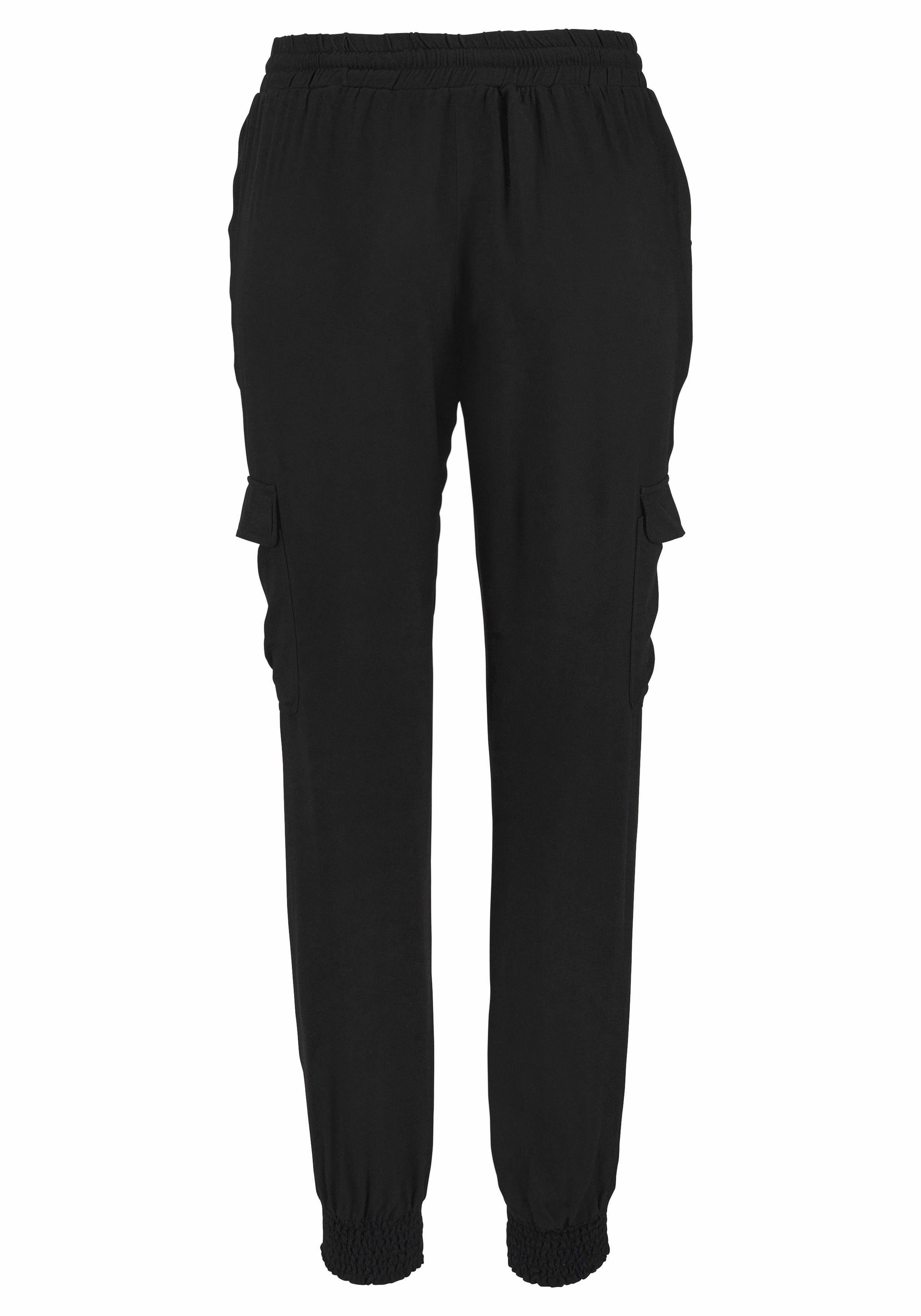 Viskose sportlich-chic gewebter schwarz mit Schlupfhose Taschen, Cargohose, LASCANA aus
