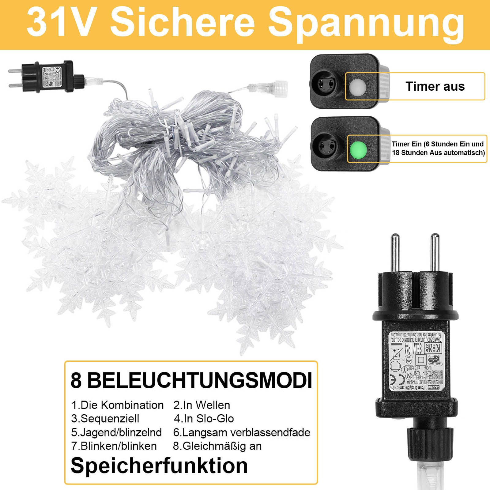 SERBASIC LED-Lichtervorhang Schneeflocken, 8 Modi, LED Lichterkette Timer f günstig online kaufen