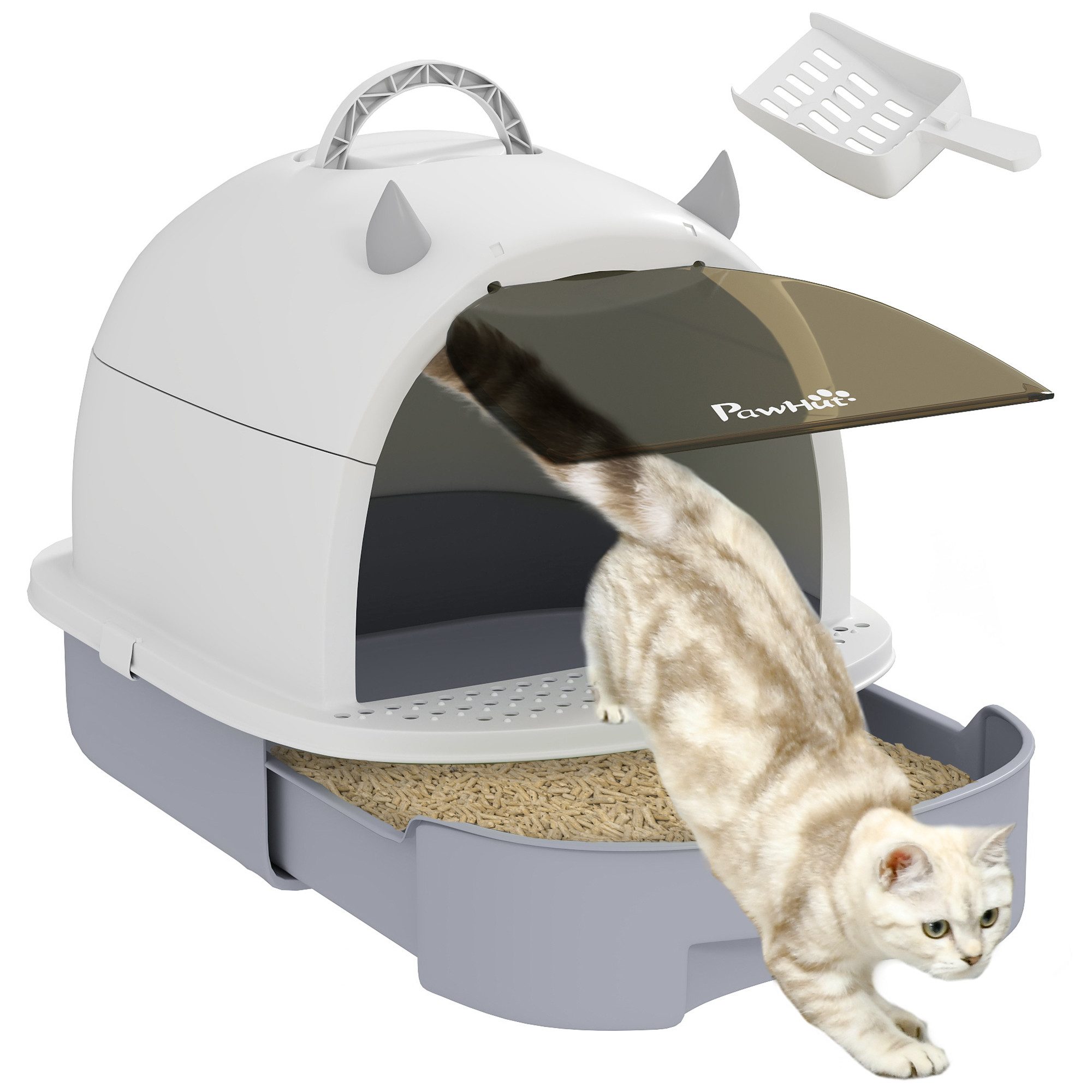 PawHut Katzentoilette Katzenklo mit Deckel Schaufel Bodenschublade Leckagepedal, für Katzen bis 5 kg, 40,5 x 52 x 39 cm, Grau