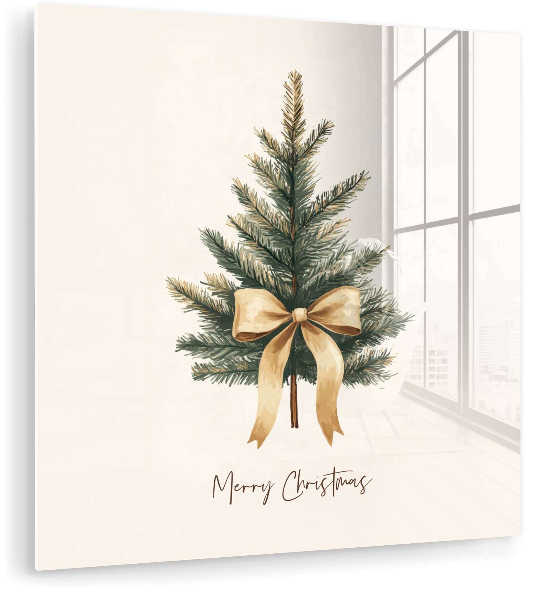 MuchoWow Acrylglasbild Weihnachtsbaum - Weihnachten - Frohe Weihnachten - Beige, Inkl. Aufhängung, Bilder auf Glas Wandbild, Wanddeko Wohnzimmer Badezimmer, 20x20 cm