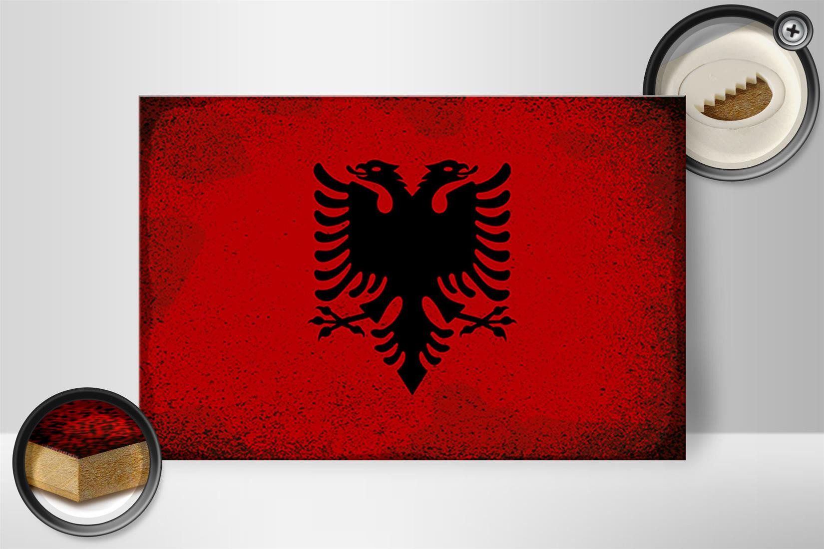 Femer GmbH Holzbild Flagge Albanien 30x20cm Flag Albania Vintage, Flaggen (1 St), Glatte Holzfaserplatte (MDF), vorn beschichtet