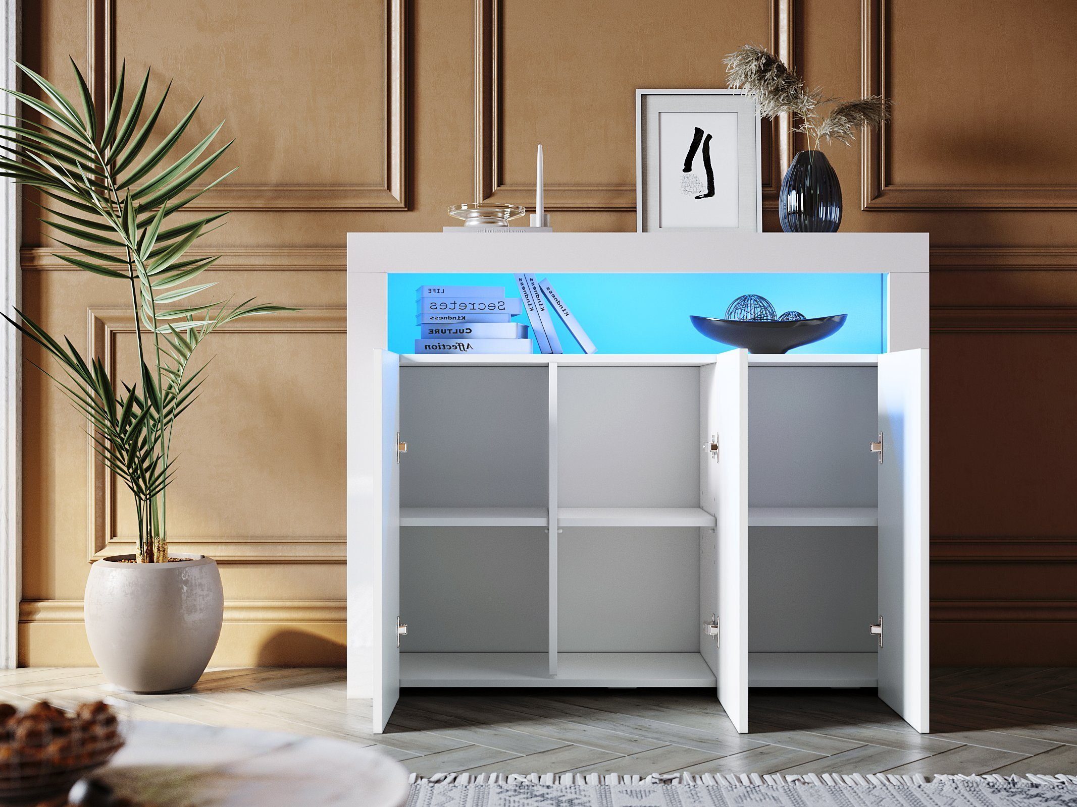 SONNI Kommode Sideboard Weiß Hochglanz mit LED Beleuchtung, Wohnzimmer