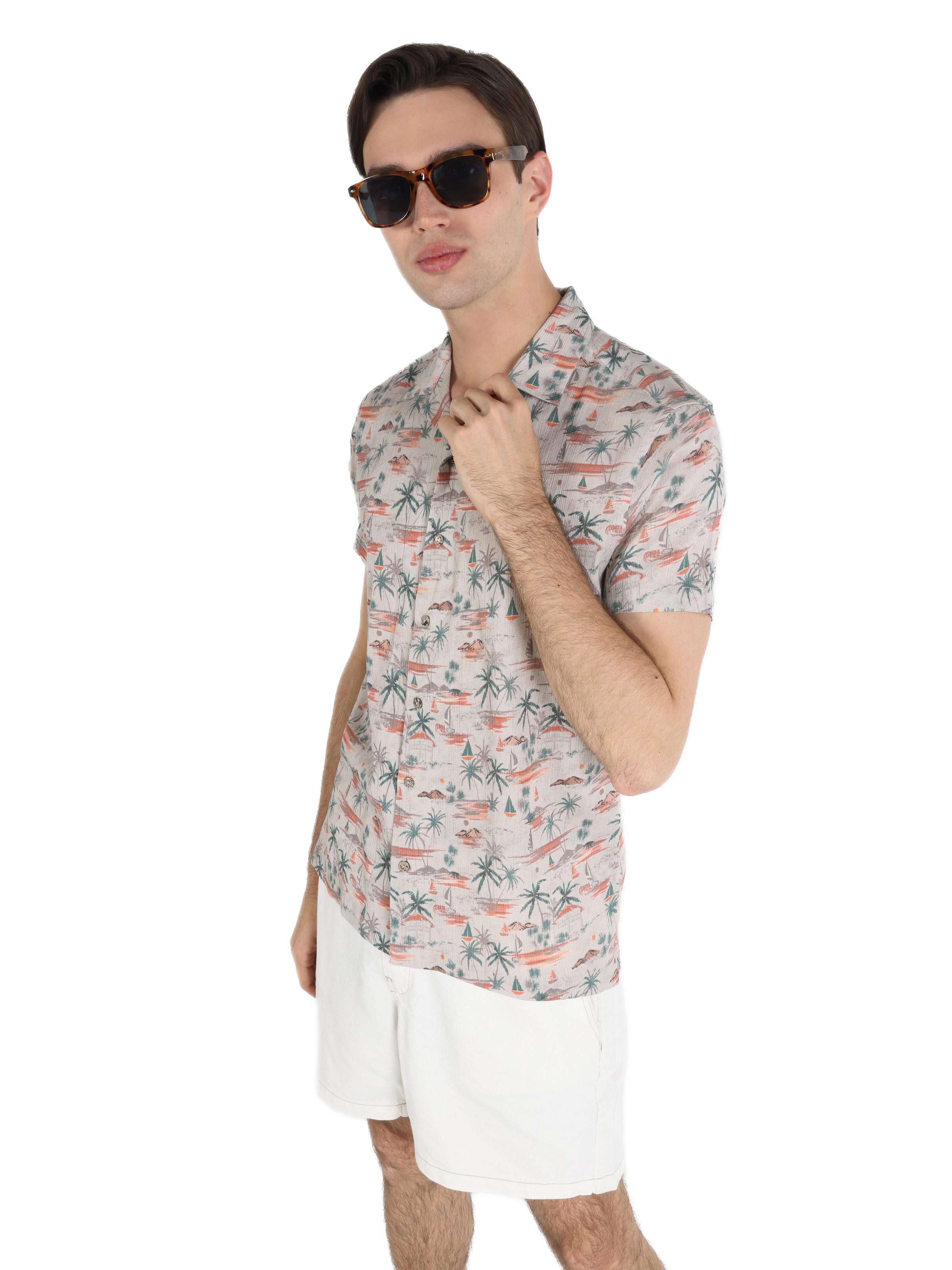 Colins Jeanshemd Colins Regular Fit Shirt Neck Printed Herren Kurzarmhemd