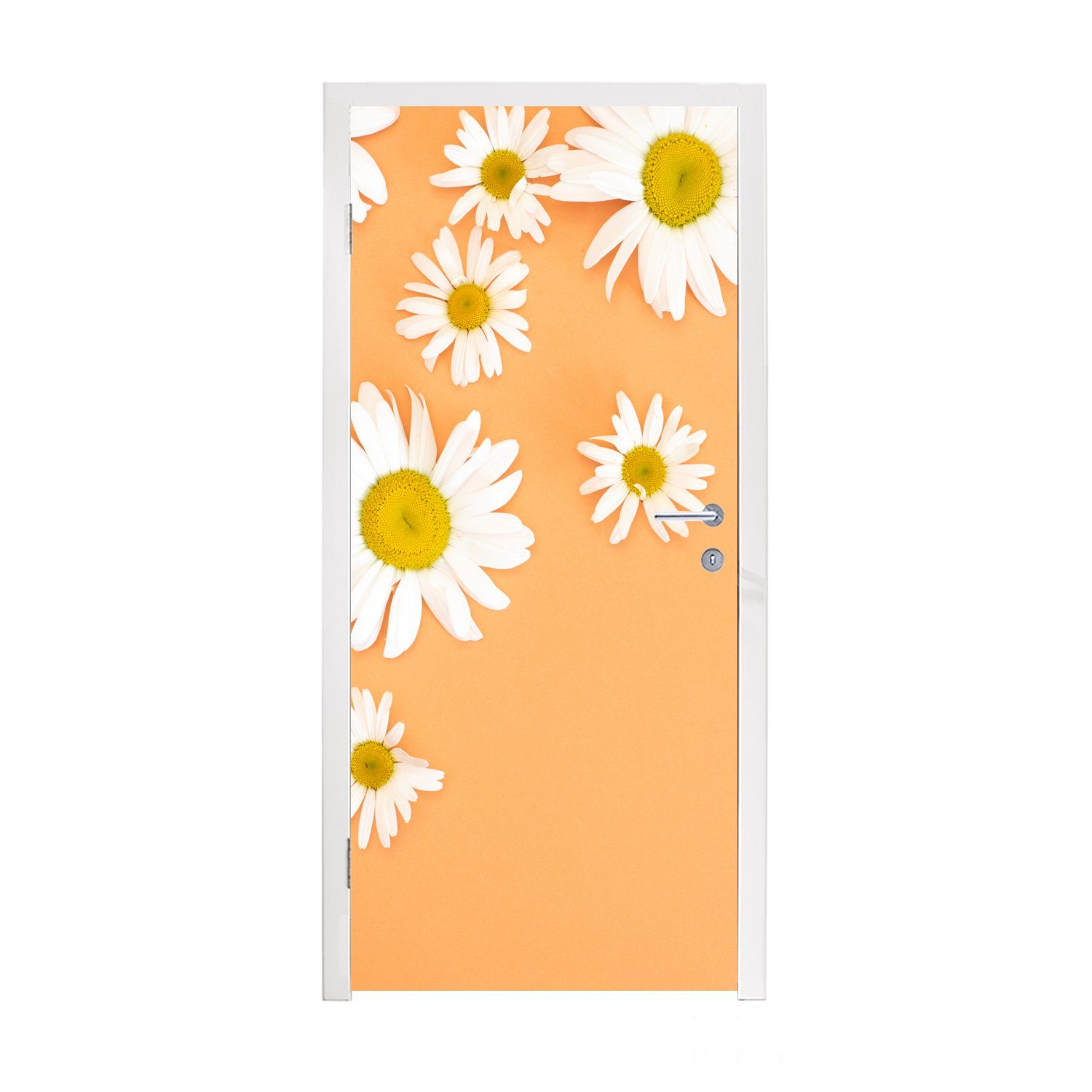 MuchoWow Türtapete Kamillenblüten auf Orangenboden, Matt, bedruckt, (1 St), Fototapete für Tür, Türaufkleber, 75x205 cm