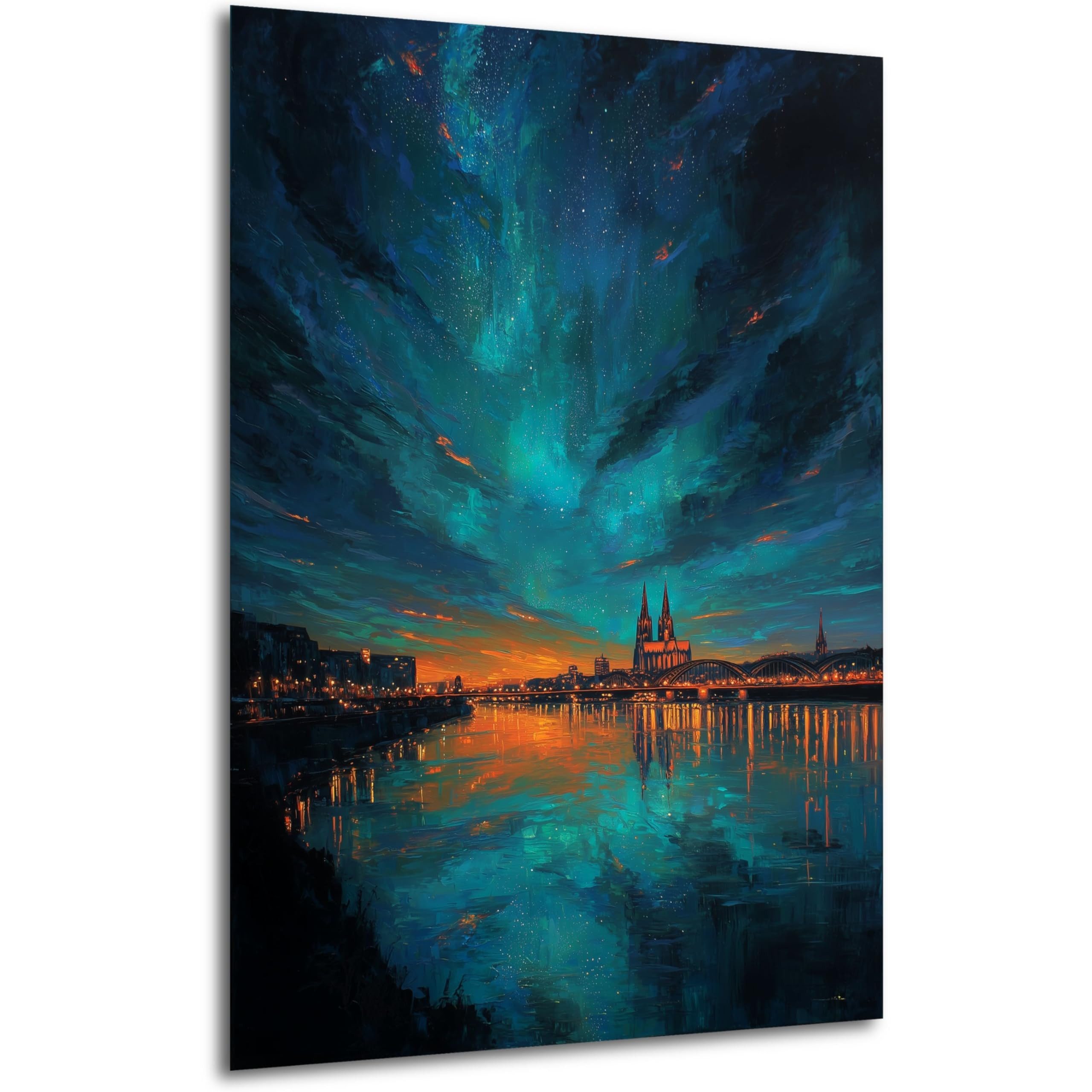 DARO Design Wandbild Köln Wandbilder Wand Deko Bilder Modern Leinwandbild, (Kölner Dom Skyline unter türkisem Sternenhimmel - Bild mittelgroß Wohnzimmer Büro Flur Schlafzimmer Esszimmer Einteilig Hochformat Fotodruck Städte-Skyline), 40x30 cm
