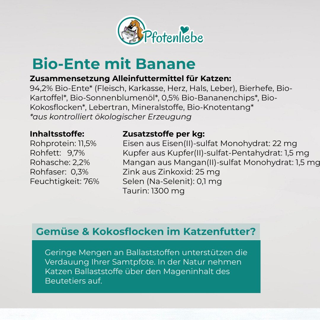 Pfotenliebe Bio-Ente mit Banane - getreidefrei 6x100g, Nassfutter für: Katzen