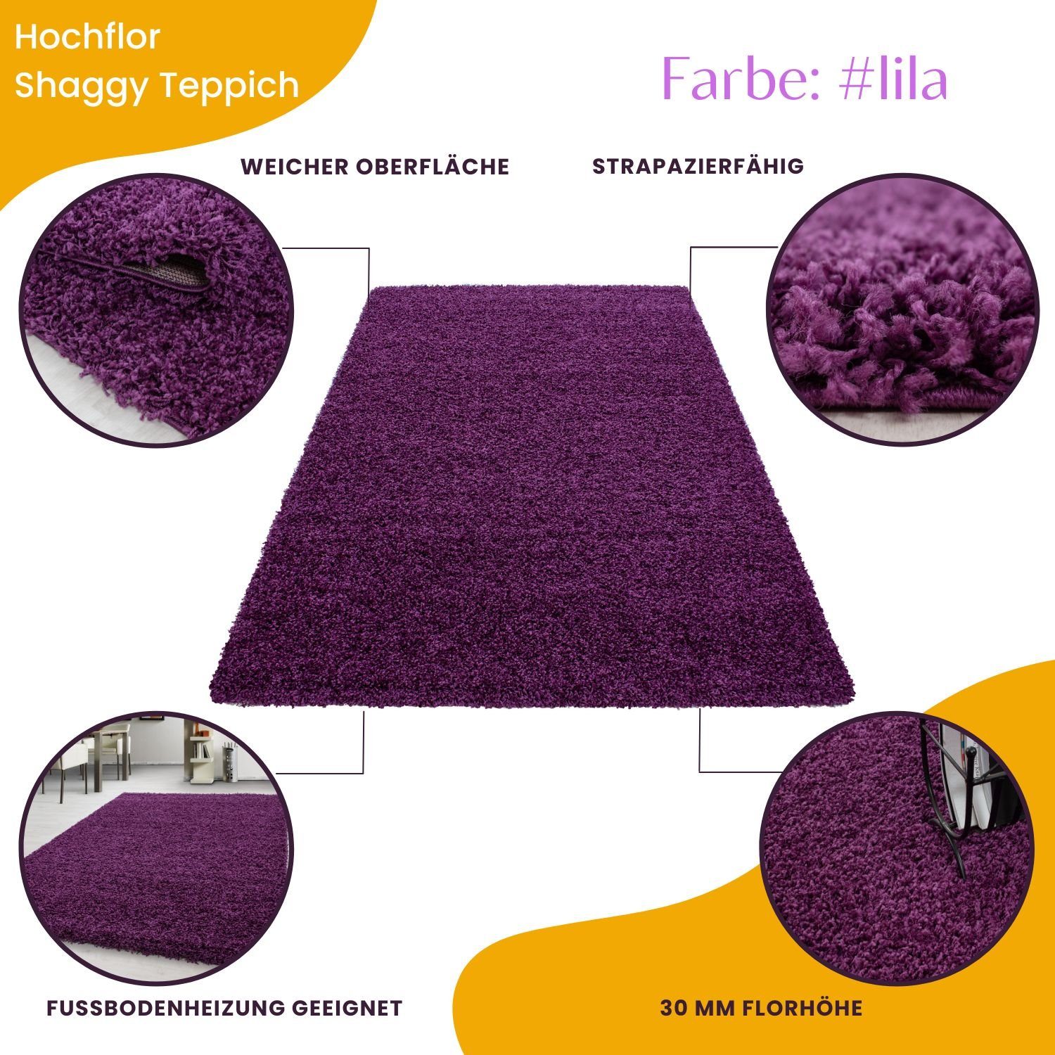 Teppium Teppich Unicolor - Einfarbig, Rechteckig, Höhe: 30 mm, Einfarbig Shaggy Teppich Wohnzimmer Langflor versch. farben und größen