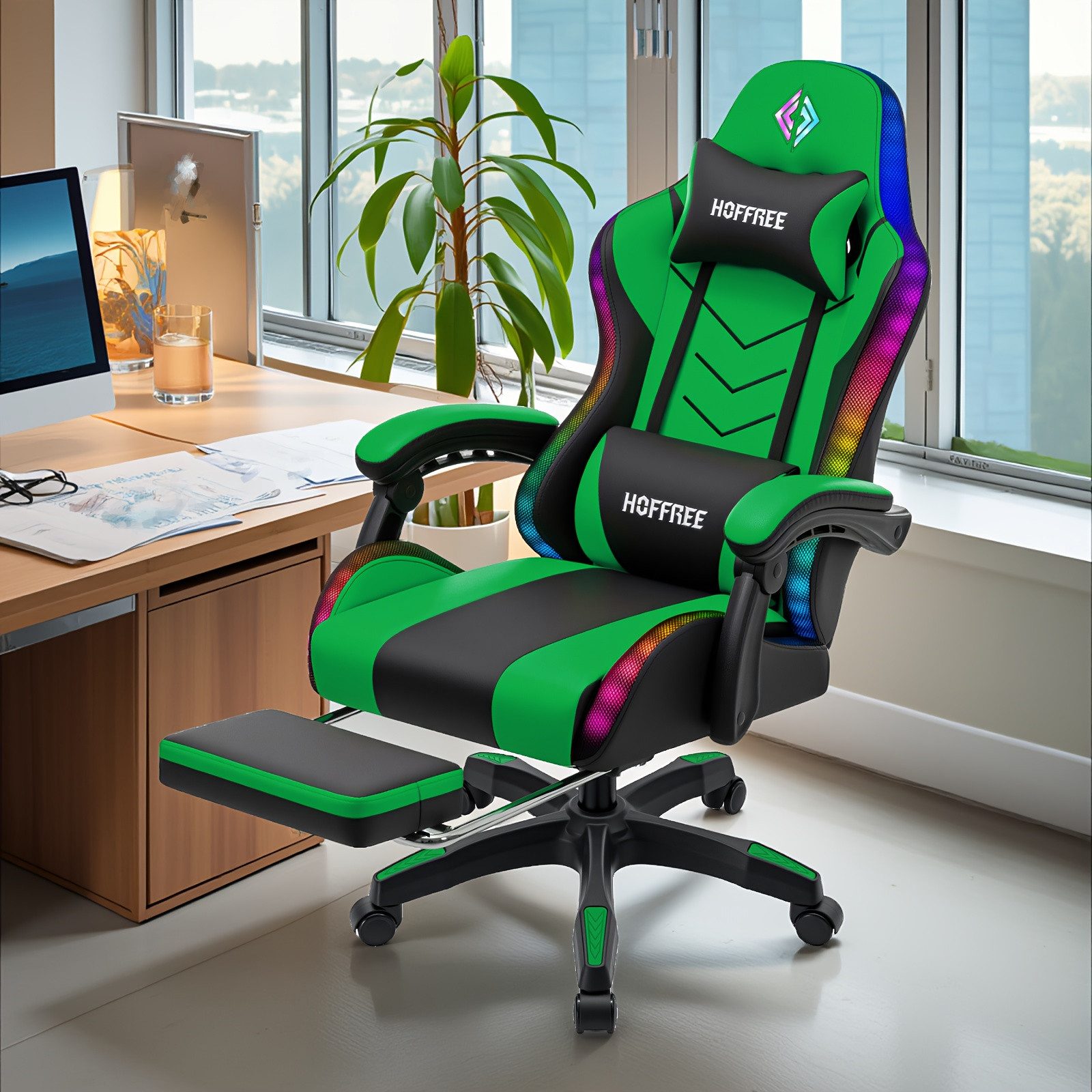 Insma Gaming-Stuhl ergonomischer Computerstuhl RGB LED Bluetooth Bürostuhl (mit Massagefunktion, Fußstütze & 180° Liegefunktion), maximale Belastbarkeit 180kg