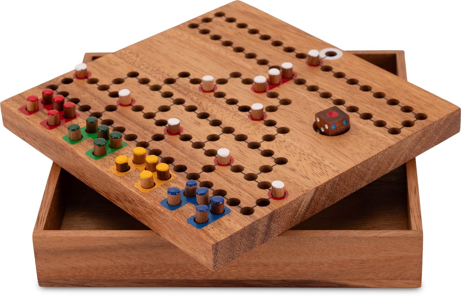 LOGOPLAY Spiel Blockade Reisespiel im Holzkasten, Gesellschaftsspiel, Blockade Box 18cm x 18cm Würfel- und Strategiespiel aus Holz Taktik