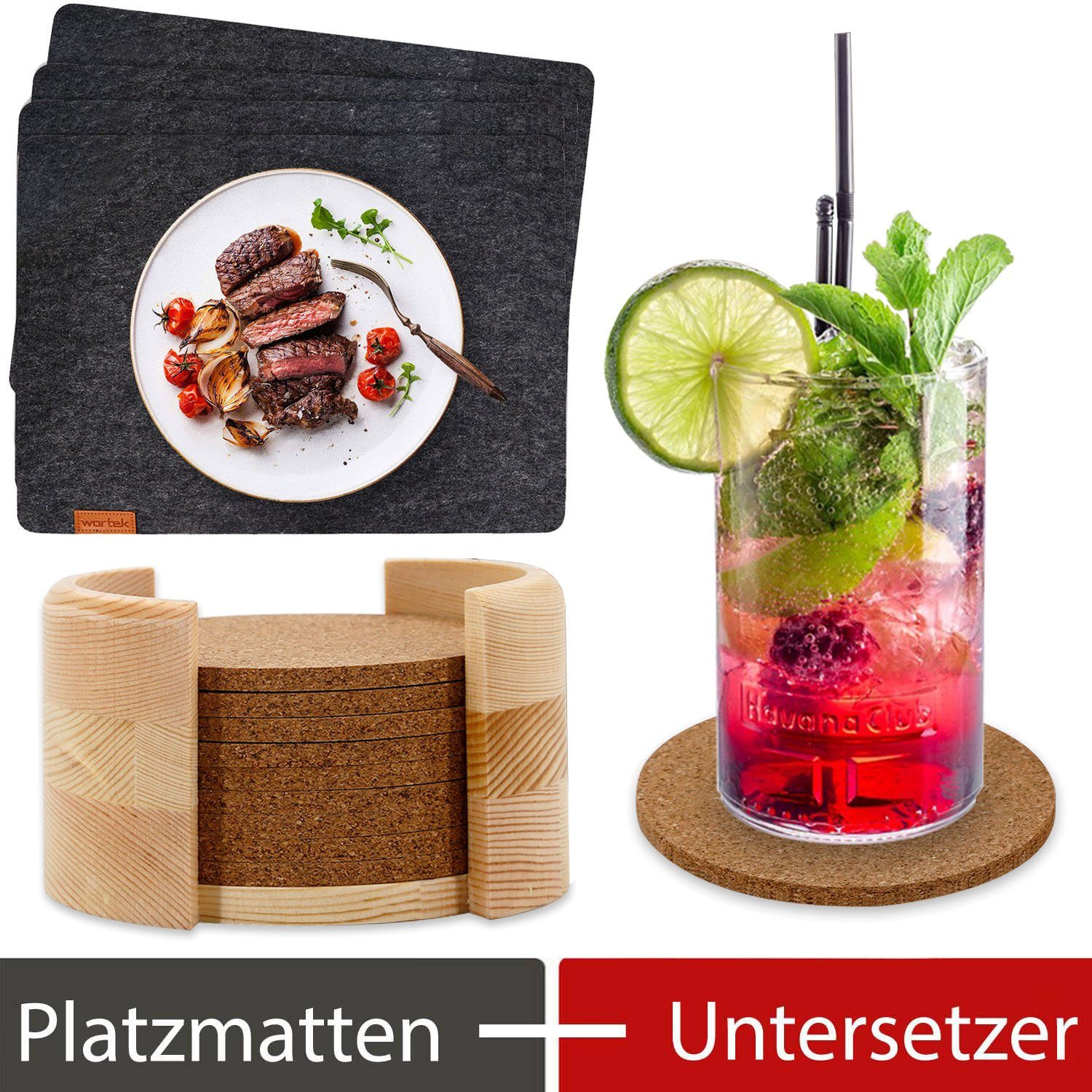 wortek Platzset Filz Platzset (44 x 32 cm) + Kork-Untersetzer +, (Set, 16-St), waschbare Platzmatten + Getränkeuntersetzer aus Kork inkl. Box