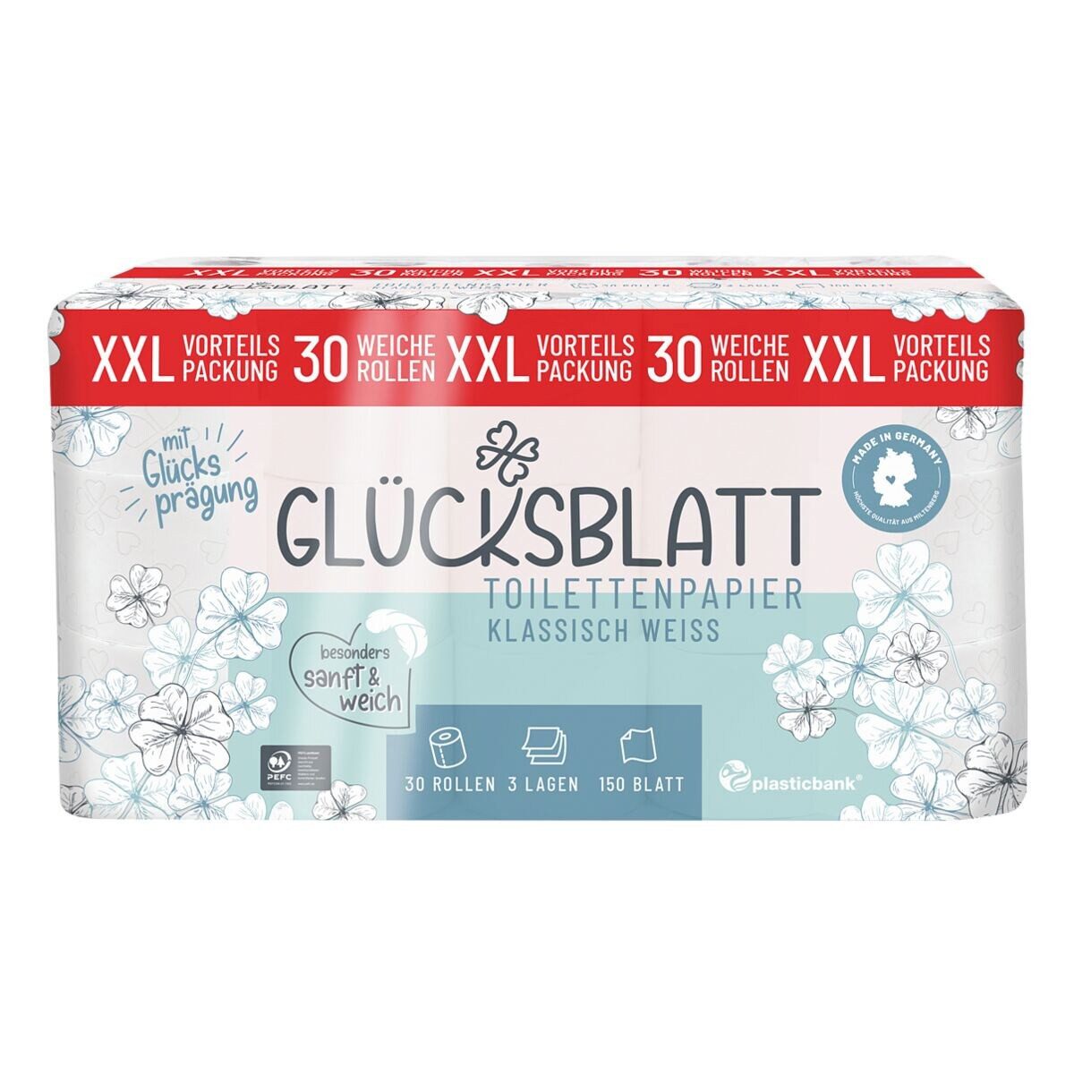 Glücksblatt Toilettenpapier Klassisch Weiß XXL, 3-lagig, 30 Rollen, 150 Blatt/Rolle, mit Prägung