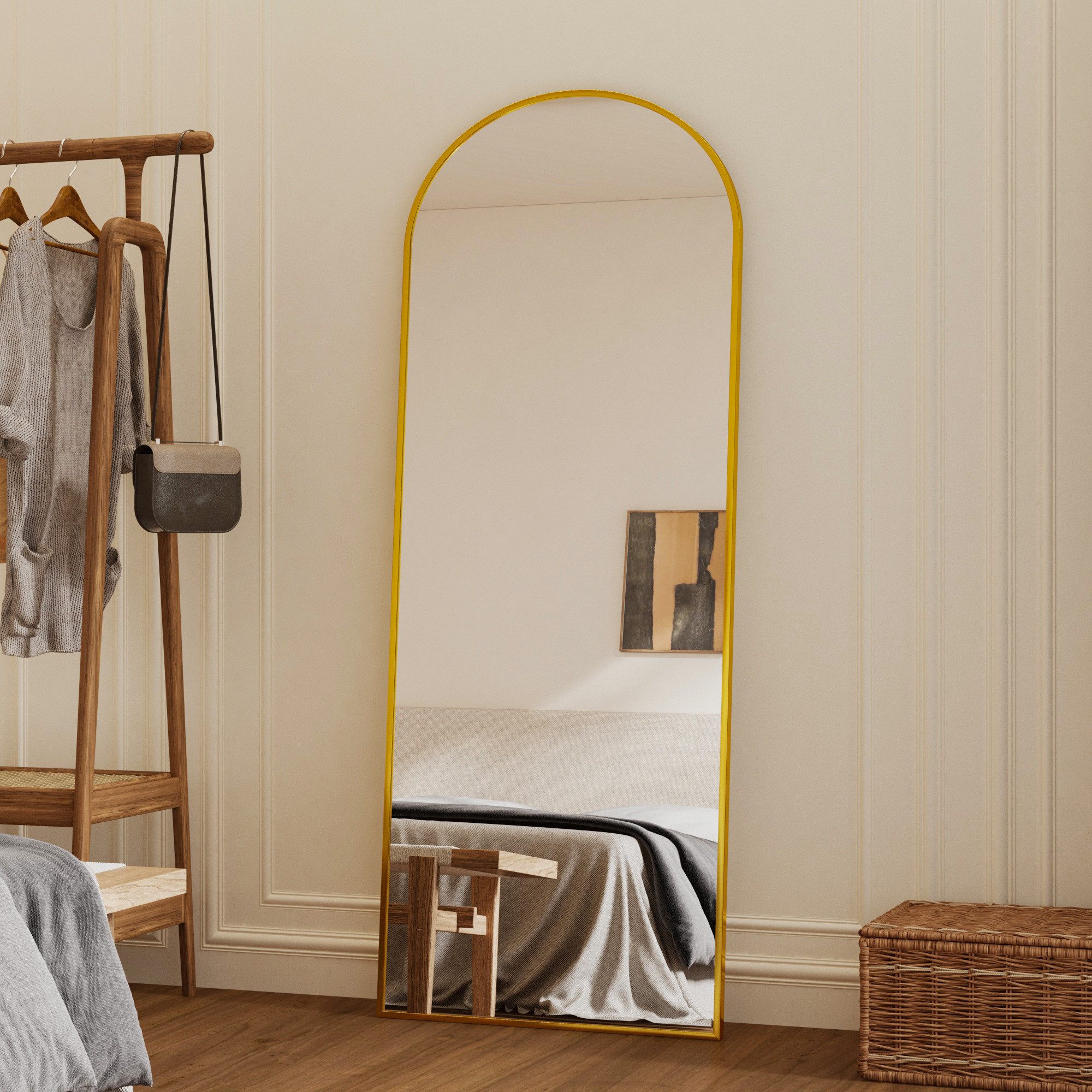 GOEZES Standspiegel 150x50cm Spiegel Wandspiegel groß Gold Oval Flurspiegel ganzkörper (Ganzkörperspiegel Rundbogen, mit Alu Rahmen, Metall Haken), 2 Installationsmethoden