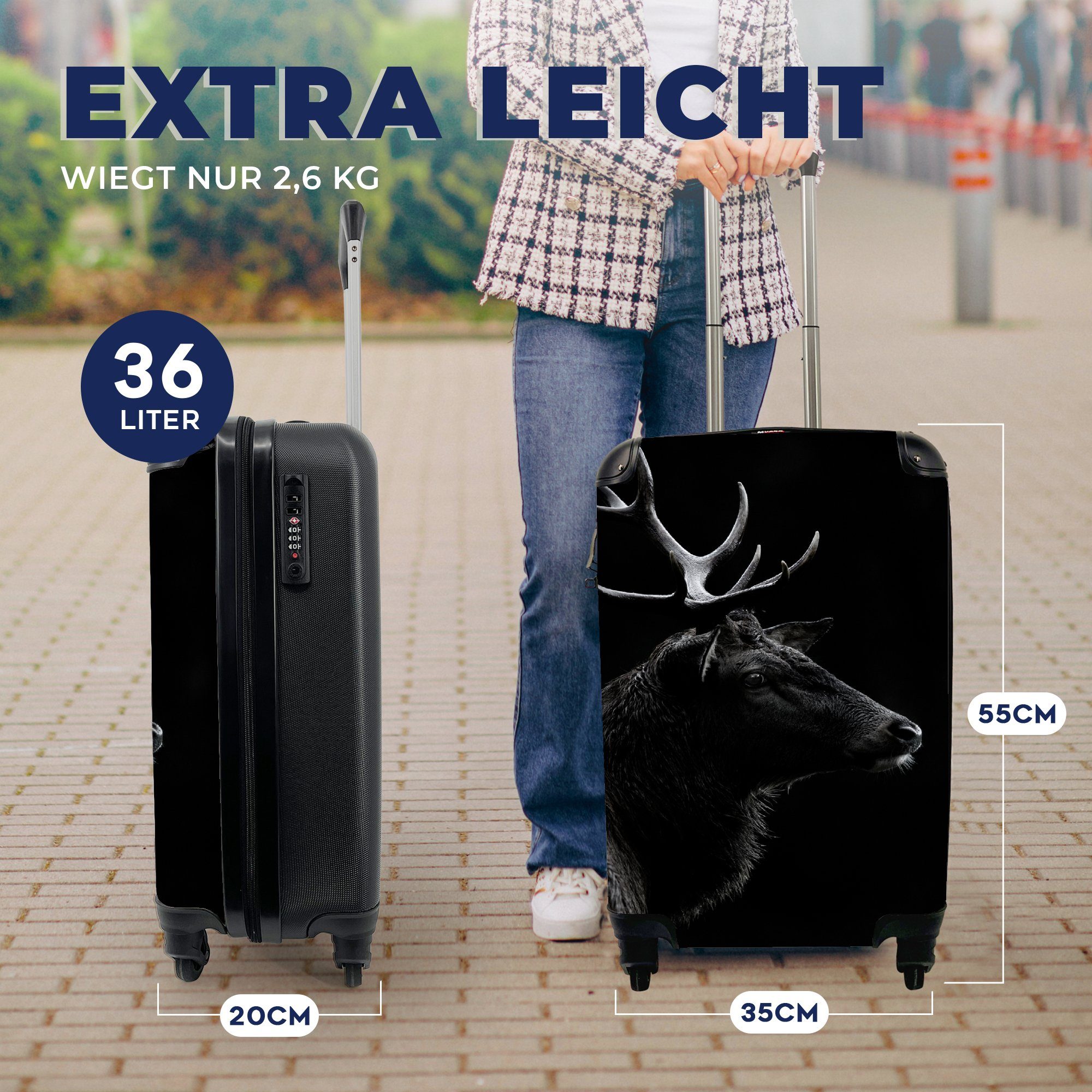 Porträt rollen, - MuchoWow - Schwarz Hirsch Trolley, Handgepäckkoffer - - Handgepäck Rollen, für Geweih Reisetasche mit Ferien, Reisekoffer 4 Tiere,