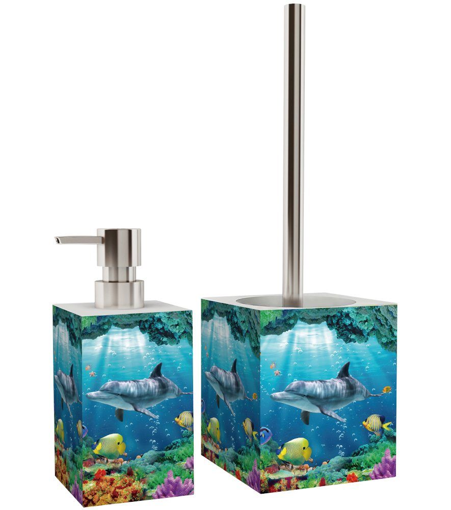 Sanilo Badaccessoire-Set Delphin Korallen, WC-Bürste und Seifenspender, 2 tlg., 2-tlg., auswechselbarer Bürstenkopf, stabile Pumpe, hochwertig & modern