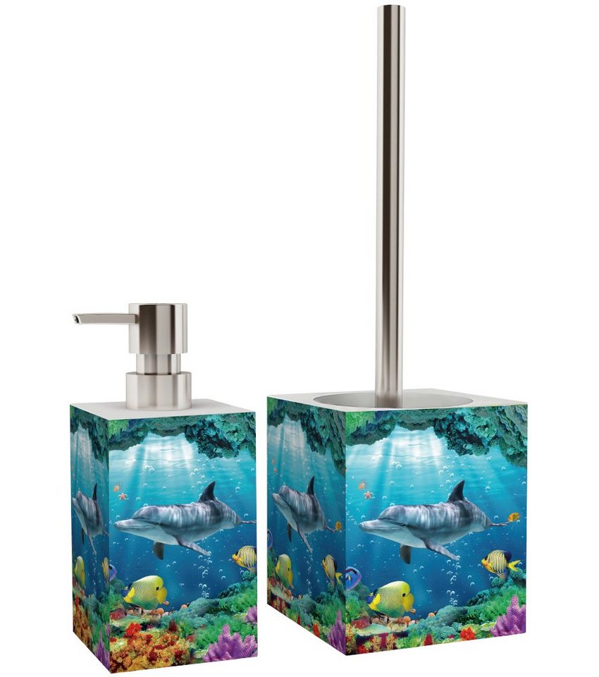 Sanilo Badaccessoire-Set Delphin Korallen, WC-Bürste und Seifenspender, 2  tlg., 2-tlg., auswechselbarer Bürstenkopf, stabile Pumpe, hochwertig &  modern