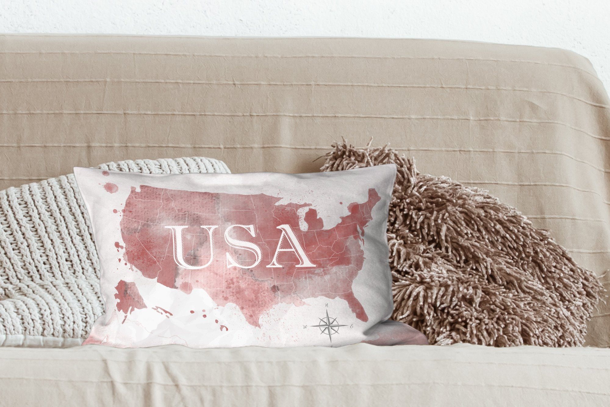 Dekokissen Amerika Zierkissen, Karte MuchoWow Wohzimmer Aquarell, mit Dekokissen - Schlafzimmer - Dekoration, Füllung,