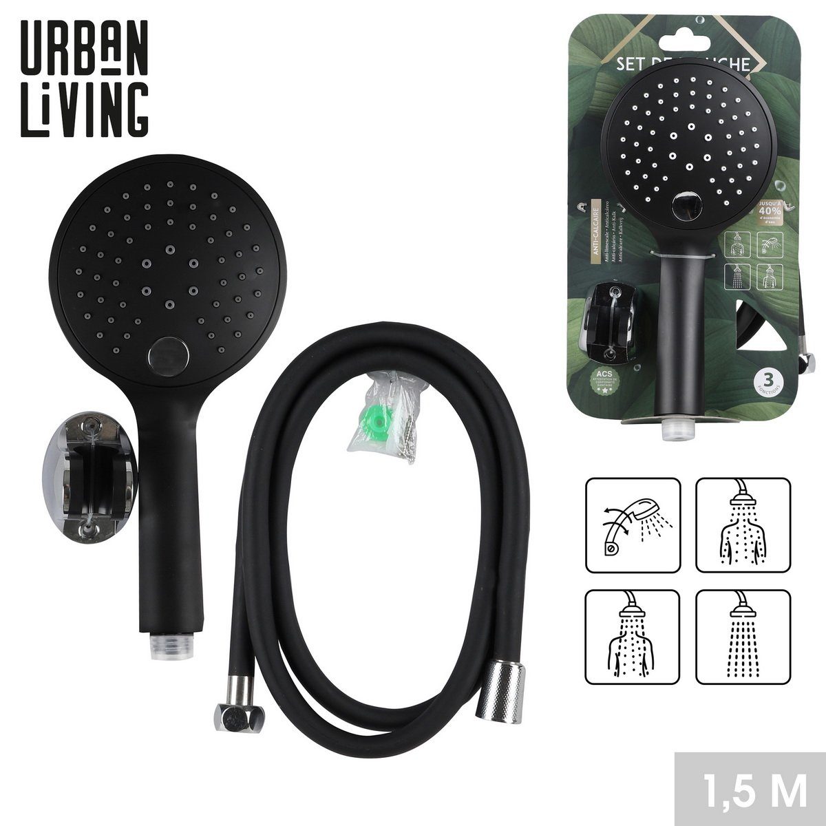 Urban Living Brausehalter 3-Strahl Duschkopf Schwarz günstig online kaufen