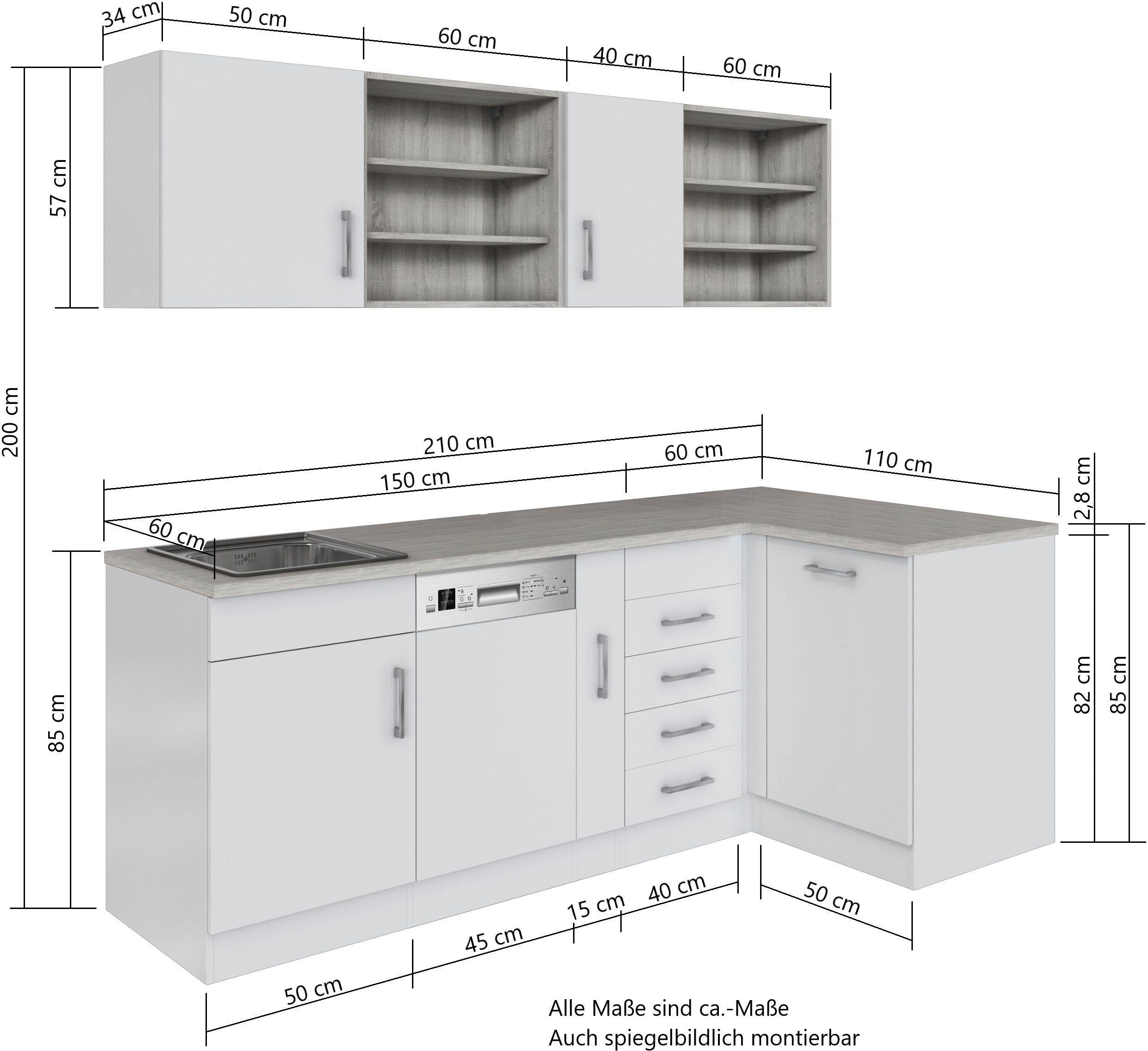 KOCHSTATION Küche KS-Mali, Stellbreite 210/110 cm, mit E-Geräten