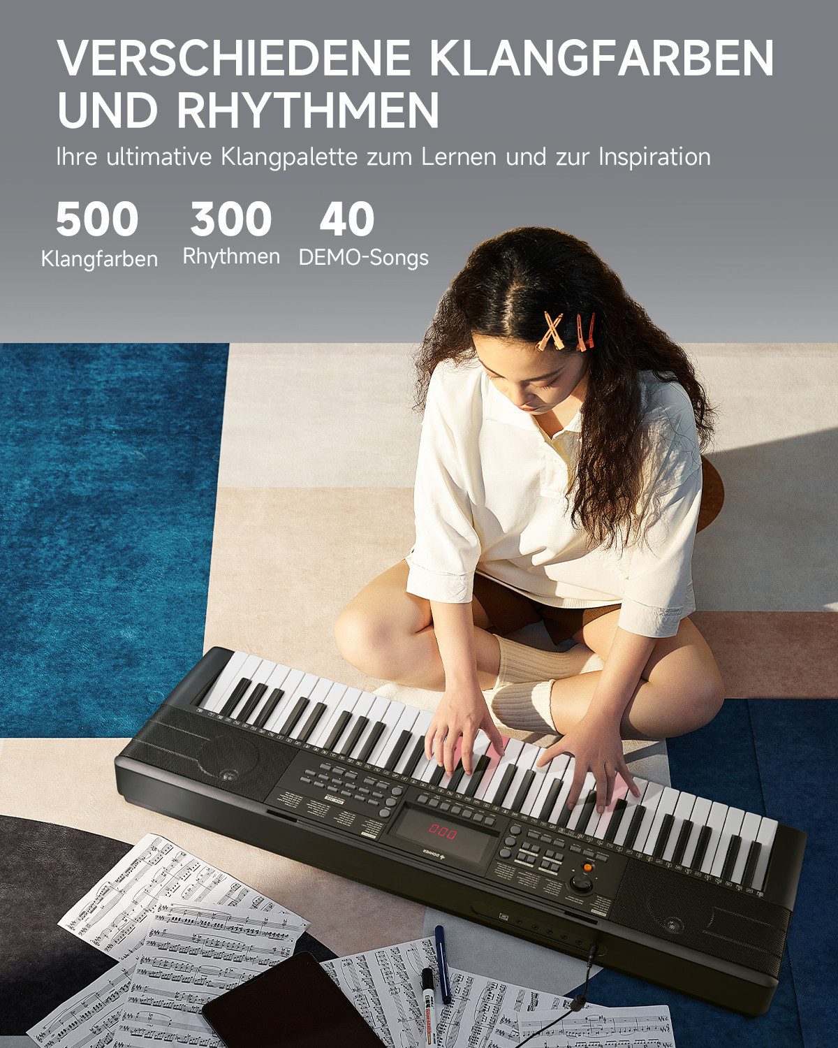 Donner Home-Keyboard E-Piano 61 Tasten mit beleuchteter Tastatur, Hocker & Mikrofon DEK-300 (Set, mit E-Piano, Klavierständer, Klavierhocker, Mikrofon), Dynamische Beleuchtungstasten