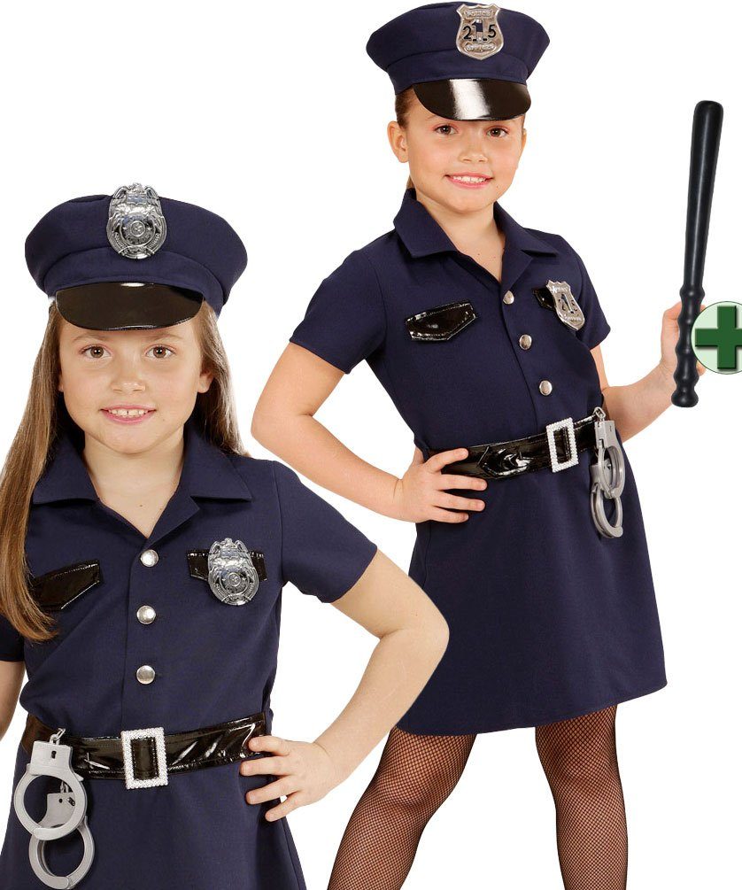 Karneval-Klamotten Polizei-Kostüm Polizistin Kostüm Mädchen blau mit Polizeistock, Kinderkostüm Komplett Polizei mit Mütze und Zubehör Faschingskostüm
