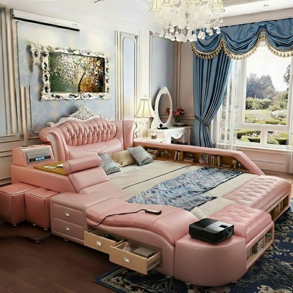 JVmoebel Multimediabett Multifunktionales Bett Moderner Stil Beigefarben Holzrahmen Bequem (2-tlg)
