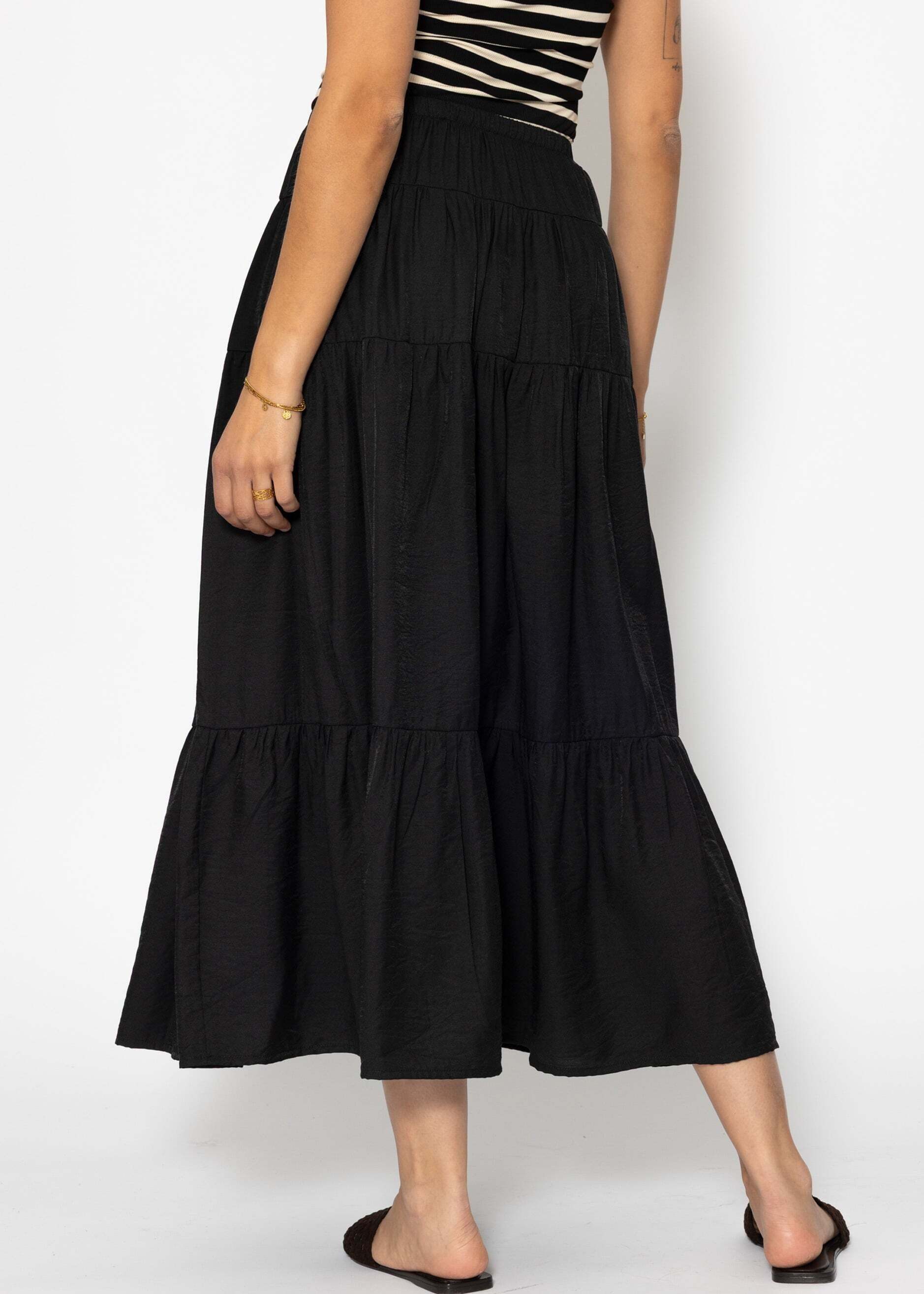 SASSYCLASSY Maxirock Glänzender Maxi Volantrock für Damen Eleganter Rock mit mehreren Stufen und elastischem Bund Braun Schwarz – Bild 5 von 5