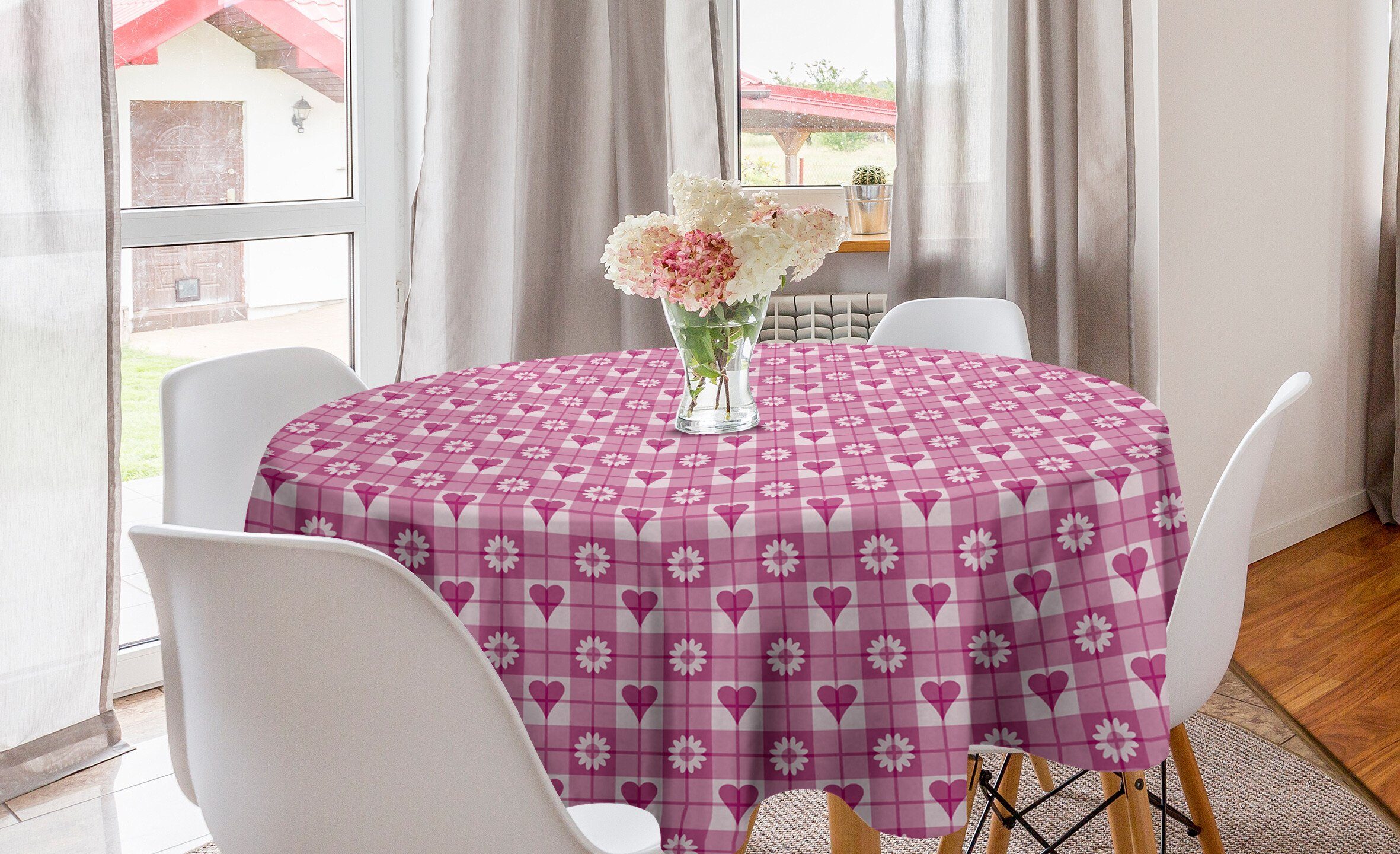 Abakuhaus Tischdecke Kreis Tischdecke Abdeckung für Esszimmer Küche Dekoration, Rosa Herz und Blumen Blütenblätter