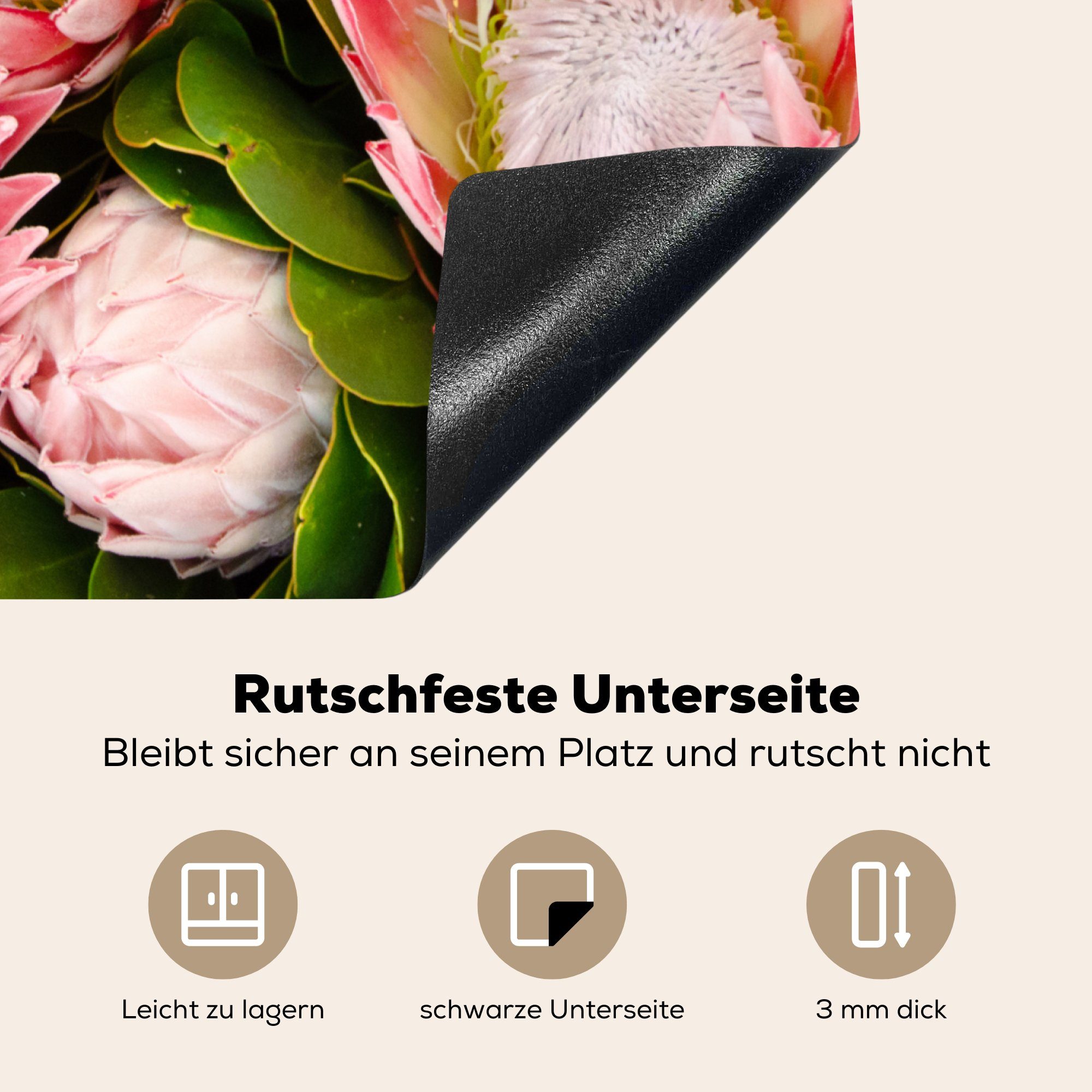 nutzbar, MuchoWow Arbeitsfläche - Blumen Protea, - tlg), Rosa Mobile 60x52 (1 Vinyl, Herdblende-/Abdeckplatte cm, Ceranfeldabdeckung