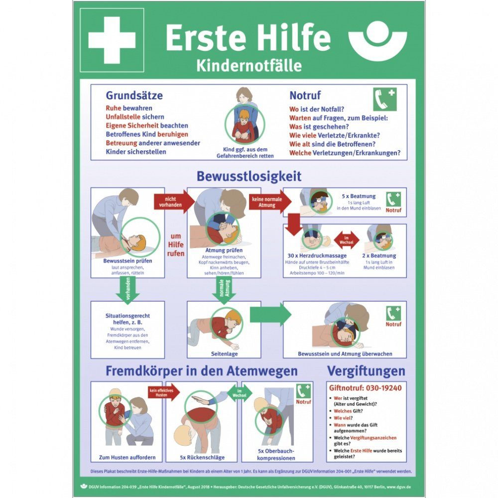 Hinweisschild Aushang Erste Hilfe Kindernotfälle nach DGUV Information 204-039