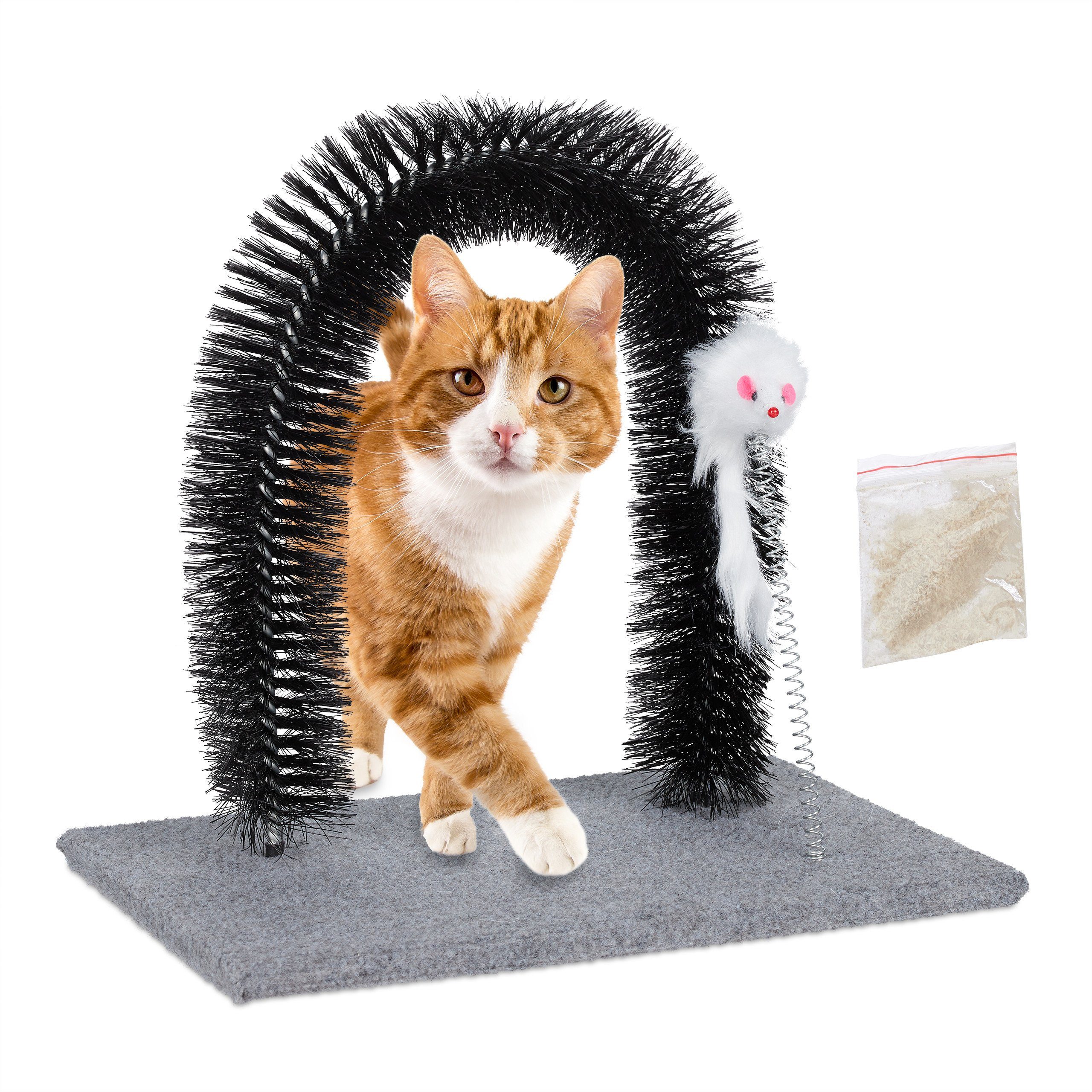 relaxdays Massagebürste Kratzbogen für Katzen mit Spielmaus, Grau