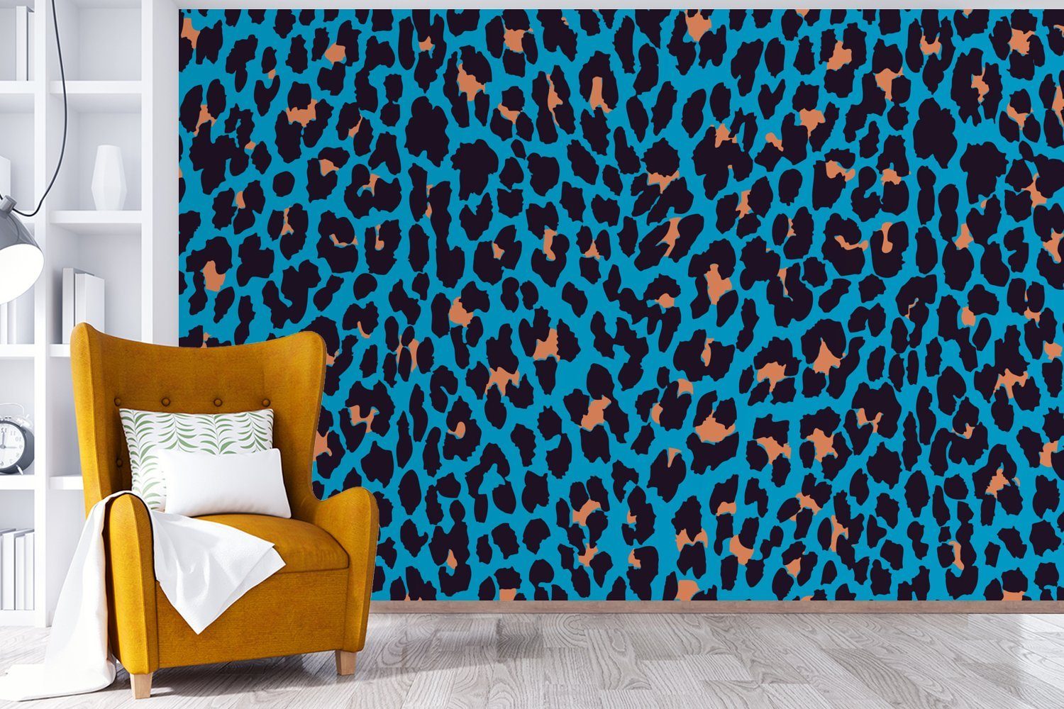bedruckt, Tapete - Schlafzimmer, - Vinyl MuchoWow Kinderzimmer, für (6 St), Leopardenmuster Wohnzimmer, Blau, Matt, Design Wallpaper Fototapete