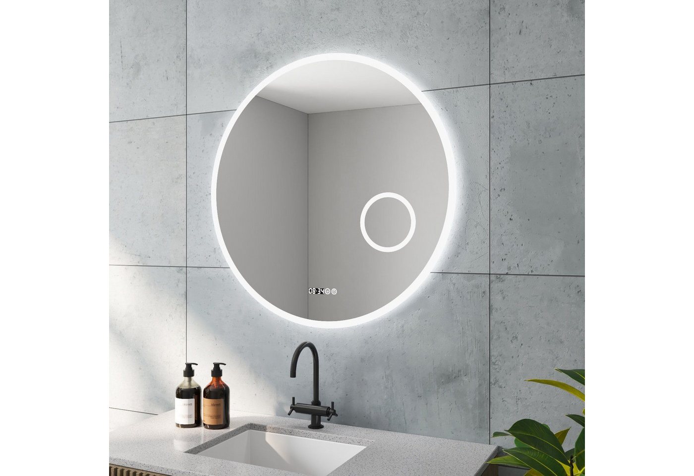 AQUALAVOS Badspiegel Rund Spiegel LED Badspiegel mit Beleuchtung Φ 80 cm Badezimmerspiegel, Antibeschlage, Uhr, Touch Dimmbar, Memory-Funktion, Schutzklasse IP44