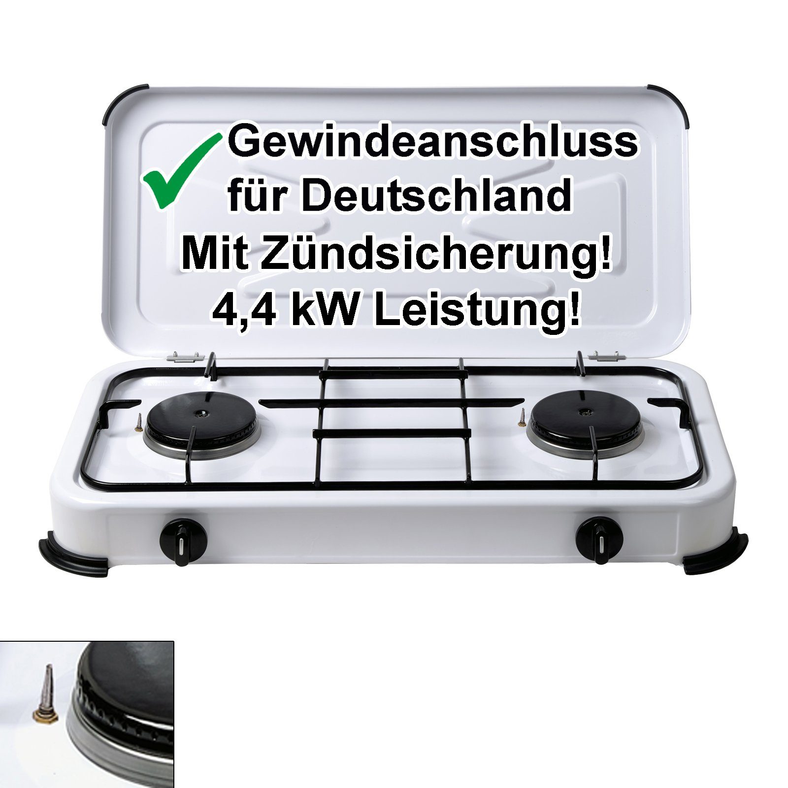 Gaskocher 2 flammig mit Zündsicherung 50mbar Propan Gas Campingkocher 4,4 kW