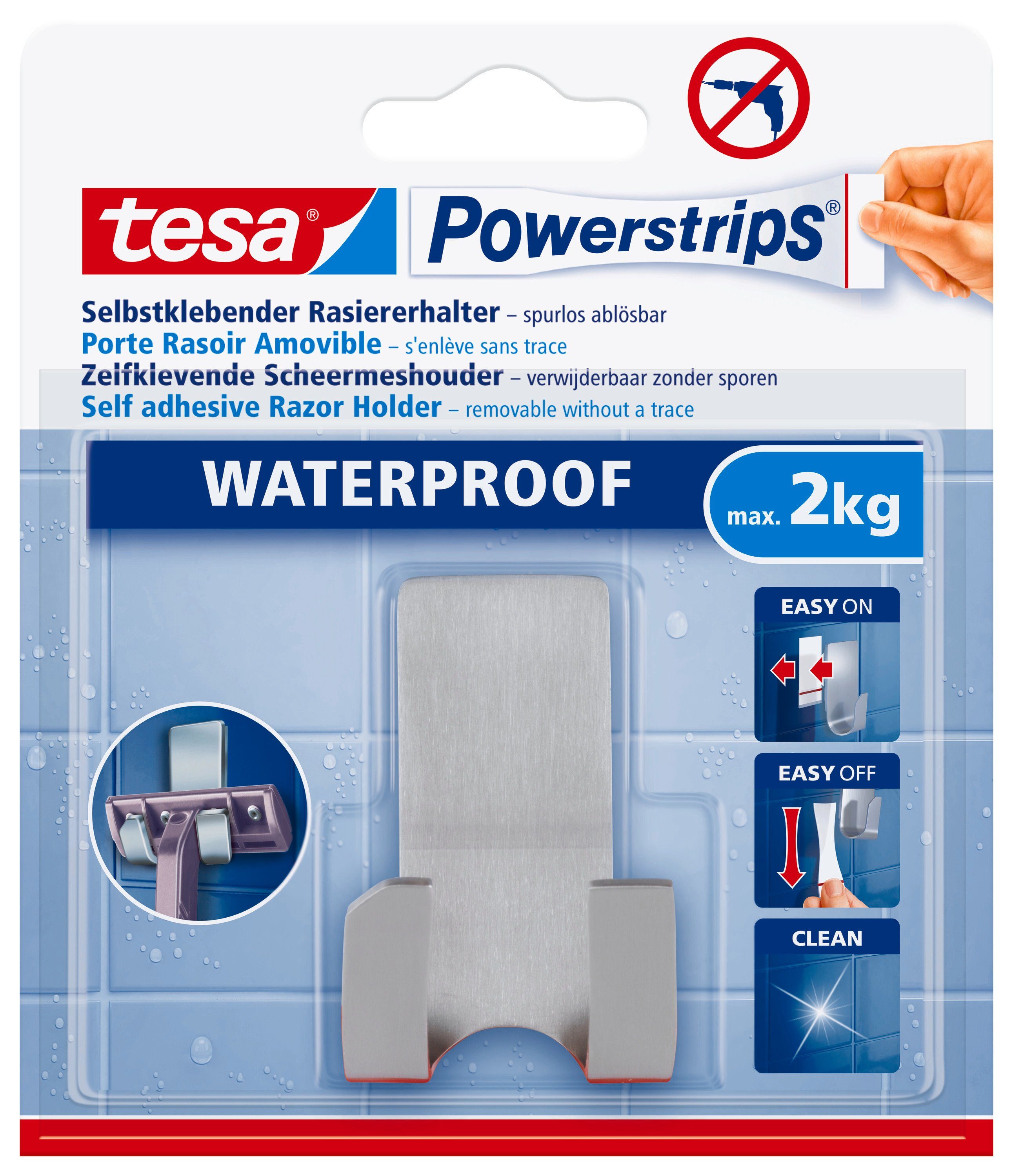 tesa Wandhaken POWERSTRIPS Rasiererhalter, (Set, 1-St., inkl. Klebelösung), silber-matt - max. 2 kg