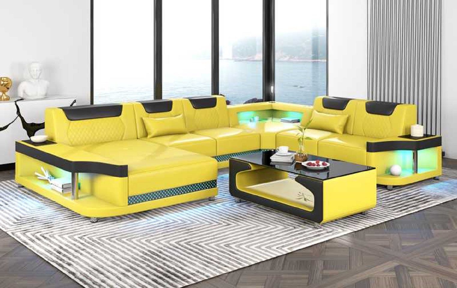 JVmoebel Ecksofa Großes Sofa Wohnlandschaft LED XXL U Form Ecksofa Luxus, 4 Teile, Made in Europe Gelb